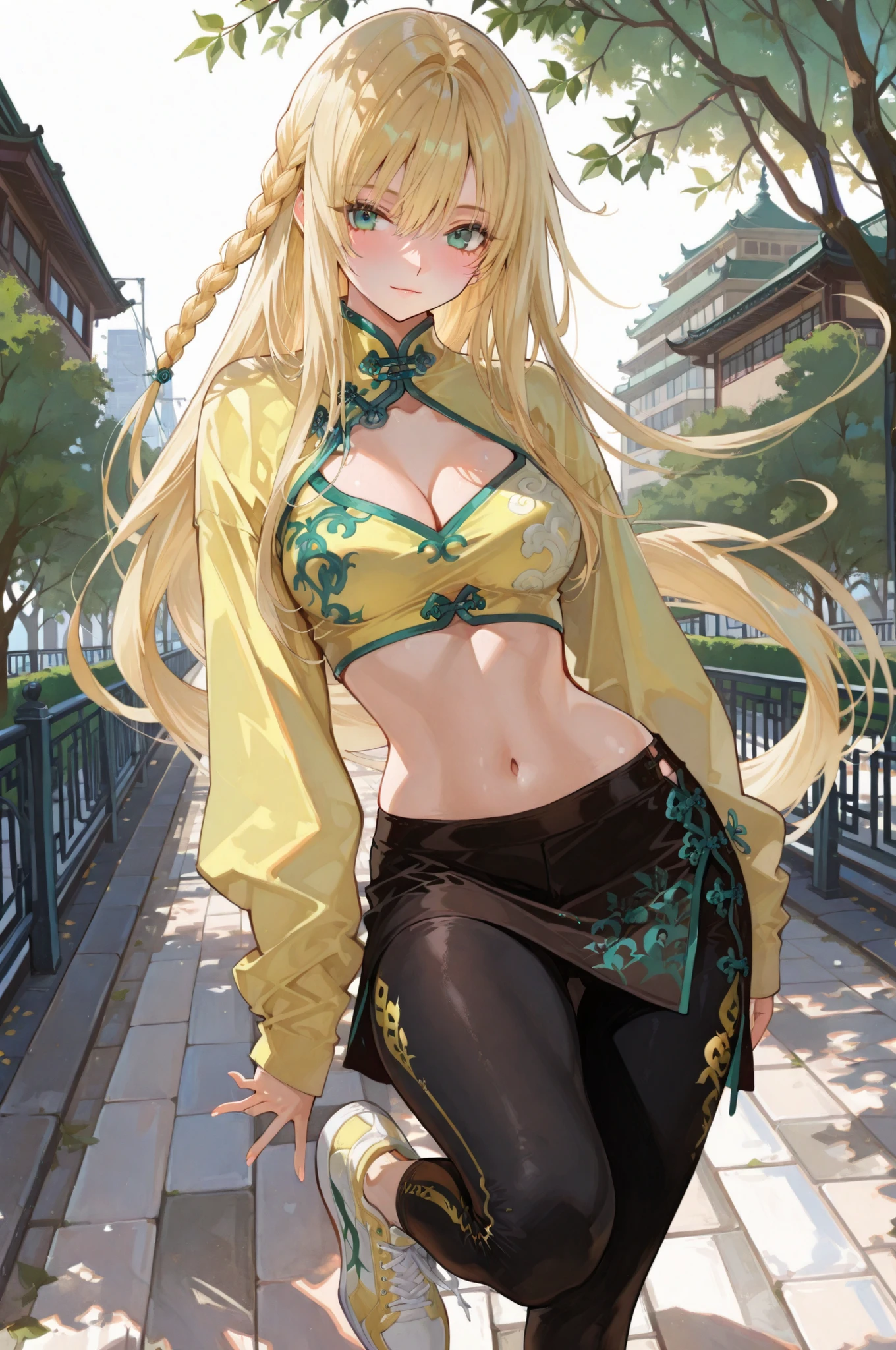 (masterpiece:1.5, ultra-detailed, in the style of Oh! Great, blonde-haired girl with long hair in loose braid, wearing cropped qipao top with asymmetrical slit skirt, leggings, and sneakers, standing in dynamic pose with one leg forward, hair flowing in the wind, confident and graceful expression, warm afternoon light, urban park background, strong contrast shadows)(cleavage,navel)