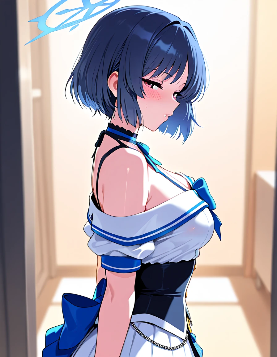 1girl, alone, No Expression, Blank stare, In front of the door, opening the Door, long light blue hair, yellow eyes, slightly Surprised, oversized white t-shirt,  thigh,  left shoulder, left hand bandaged, apartment, perspective from guest, best quality