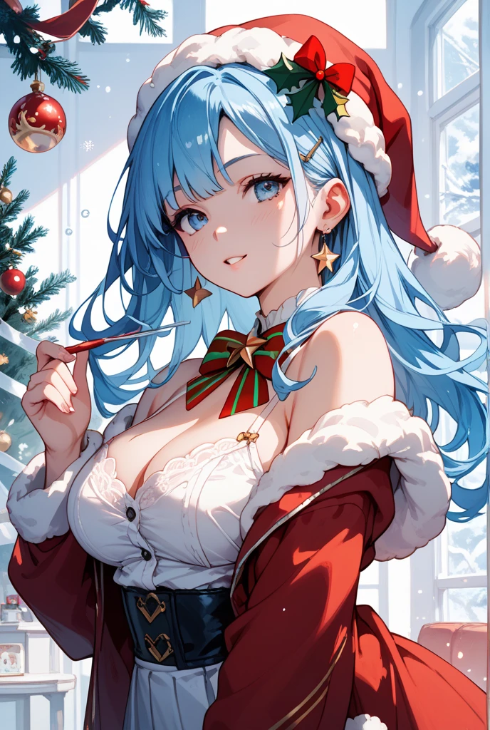 top-quality、Top image quality、​masterpiece、teens girl((Black Santa Costume、santa  costume、18year old、teen ager、Best Bust、big bast,Beautiful light blue eyes、Breasts wide open, a blond、A slender,Large valleys、dye one's cheeks red、Leaning forward、White breath、Reflecting the whole body、Laugh、dance、nipple seal)),hiquality、Beautiful Art、Background with((My room at night、snowflakes falling、Heavy snow falls、snowman、ice tower model、A world where snow piles up)))、masutepiece、depth of fields,