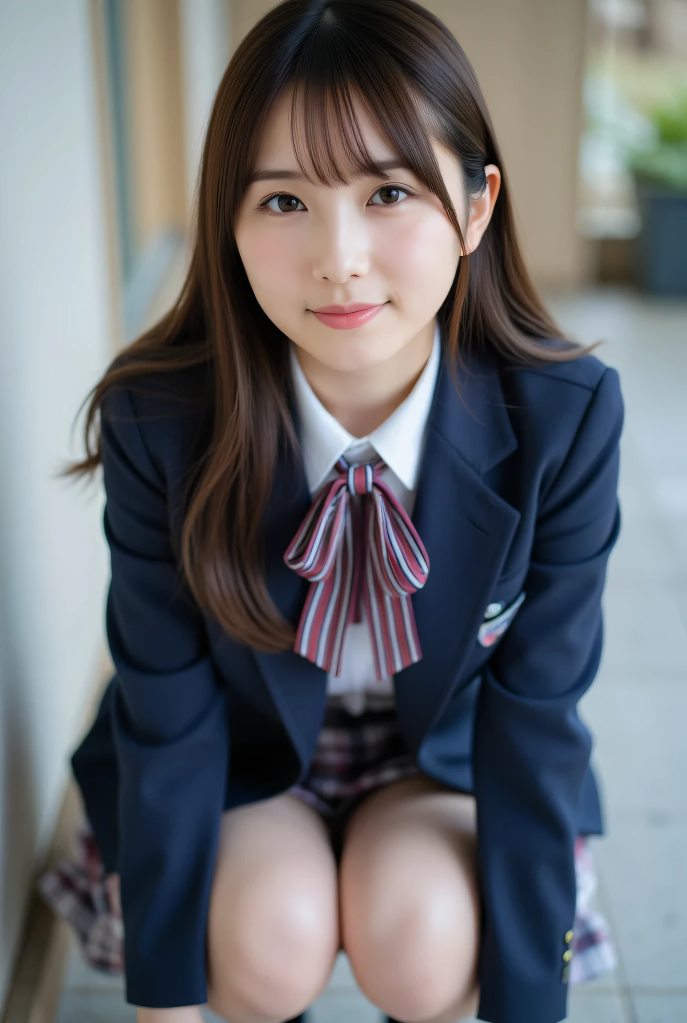 ultra detailed,8k,high resolution,beautiful detailed,high contrast,sharp focus, 50mm, f3,5,
best quality,super hyper realism,realistic,photorealism,(realistic skin:1.2),
japanese solo girl, no makeup, (from below:1,2), looking at viewer, straight-on cinematic portrait, shallow depth of field, ultra realistic, smile,
Japanese high school girl, navy blazer jacket with three buttons and tailored collar, white shirt underneath, chest ribbon in striped pattern of burgundy, navy, and white, bottom options include a pleated skirt with plaid pattern in navy, burgundy, and white, black high socks, black loafers,
(squatting:1,3), (panties:1,3),
