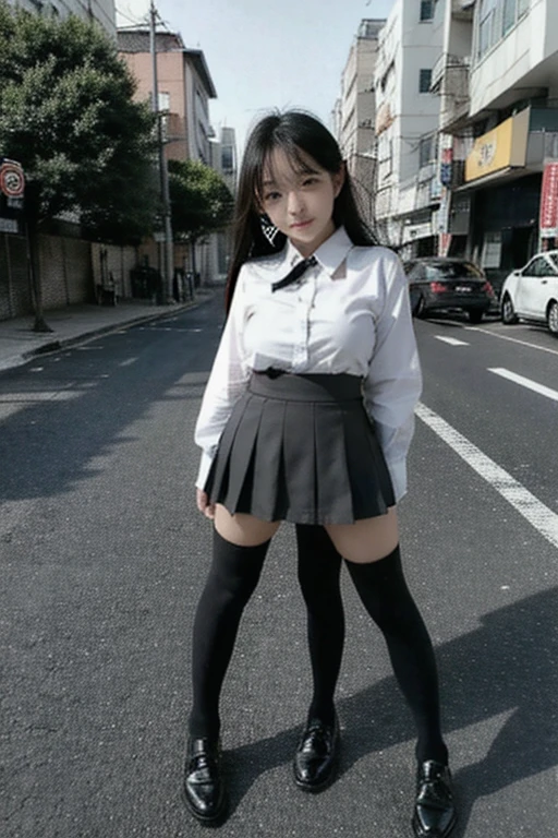 japanes、hi-school girl、Wearing a winter uniform、Wearing a mini chen skirt、Watching the photographer、smirking、Walking、Black High Socks、Wearing brown loafers、Eyes are double、Thighs are thin、Know the small、Semi-long、Hair color is brown、realphoto、The figure is the whole body，The scenery is the way to and from school、Height is 165cm、Seven-headed body、Beautiful child