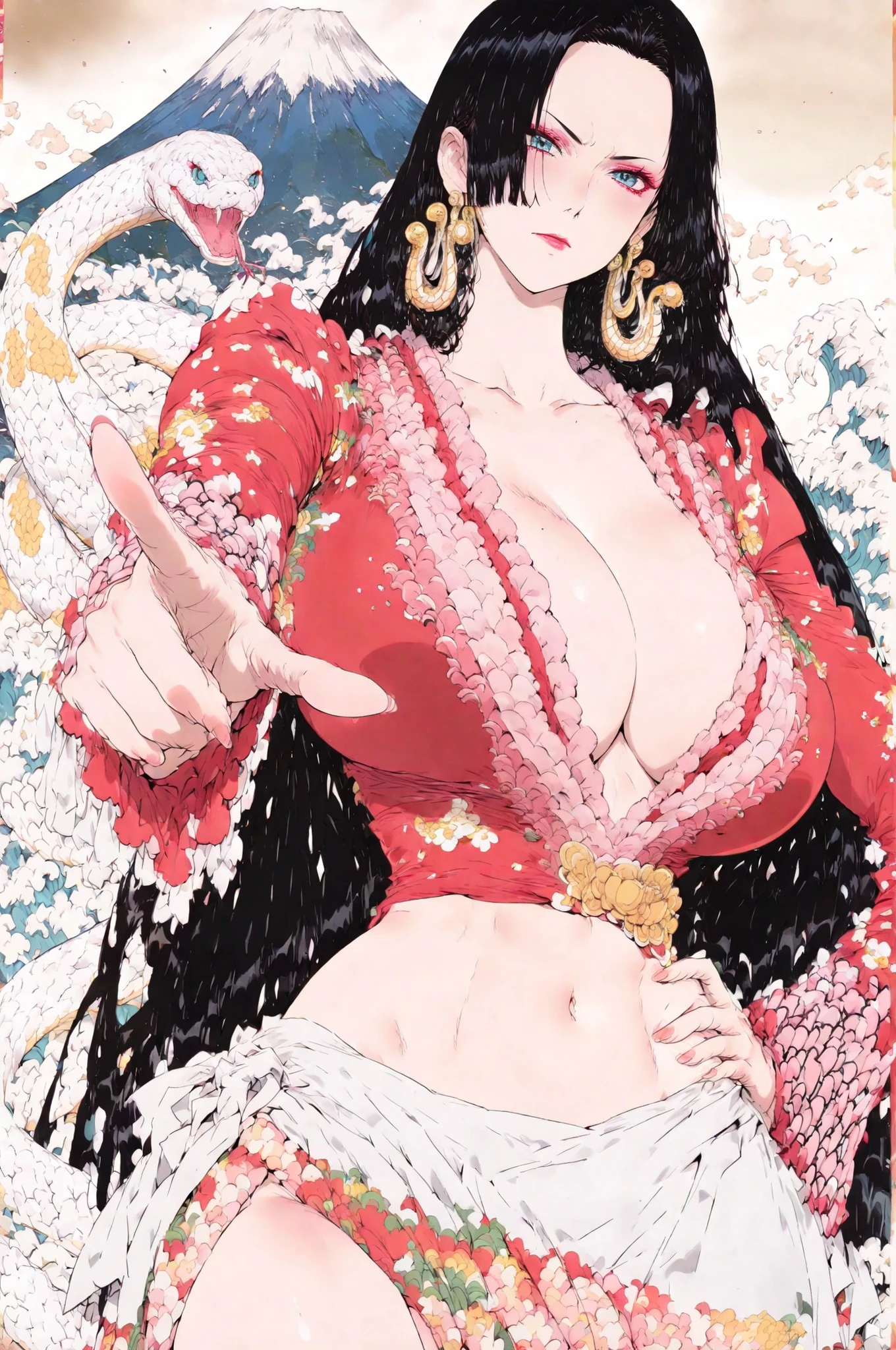 (ukiyo-e style art),(masterpiece:1.3),(high quality:1.4),(intricate, high detail:1.2),,solo, hancock, 1girl, solo, black hair, blue eyes,makeup, long hair, snake earrings, anime coloring,huge breast,thick thighs , large breasted dress, red shirt, cleavage, midriff, navel, (half body shot:1.4),standing,,(pointing at viewer),(hand on hip), mt Fuji and big waves background,