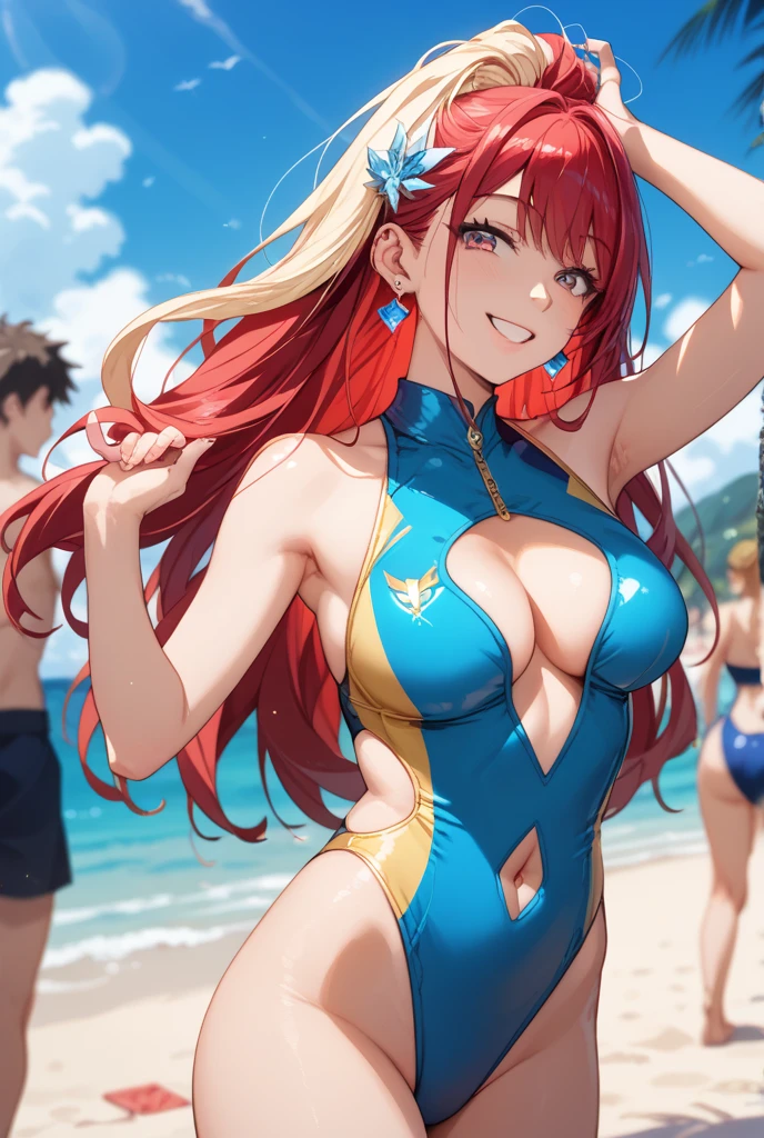 2d, masterpiece, best quality, anime, highly detailed, 5 girl, photo of 5 girl, quintuplets, nakano itsuki, red hair, long hair, star hair ornament, ahoge, large breasts, , spa, red bikini, outdoors, smile, full body, sexy body, perfect body, yoga poses, abs muscular, belly button, side breasts, back of thigh, playing tits, 