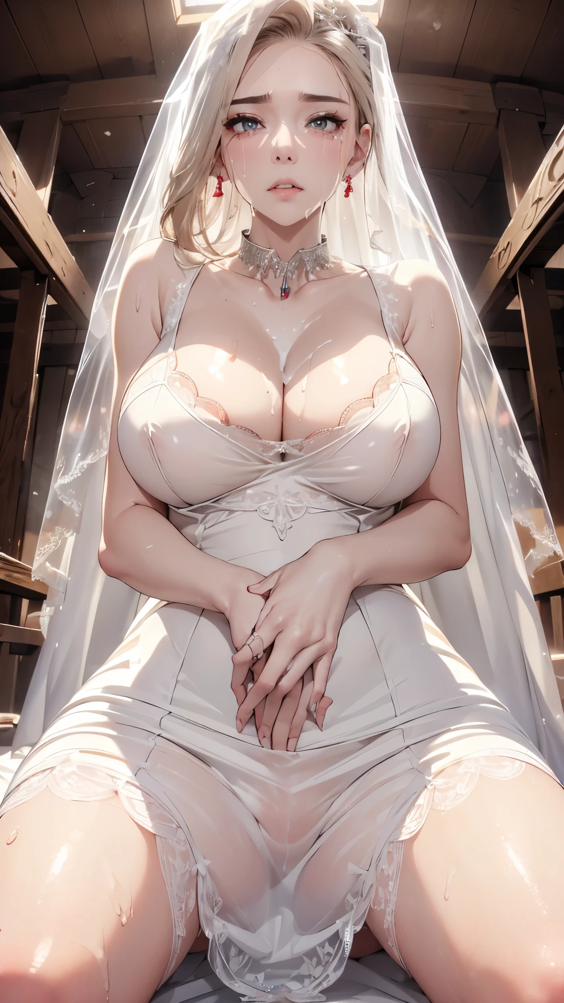 Hi res, masterpiece, 8k, , public garden, sunset, beautiful park landscape as background, rise kujikawa, (gigantic tits: 1.6), (dense pubic hair: 1.4), (: 1.4), slutty face,  expression, pleasure face, , (white  sheer wedding dress: 1.4), (white lace-trimmed Stockings and white lace-trimmed garter belt: 1.4), (black high heels: 1.4), (she sit with her legs spread wide on a luxurious bench: 1.4), (she  a huge load of  while she is  her breasts: 1.6), (she  from pleasure while sticking out her tongue and dripping saliva: 1.4)