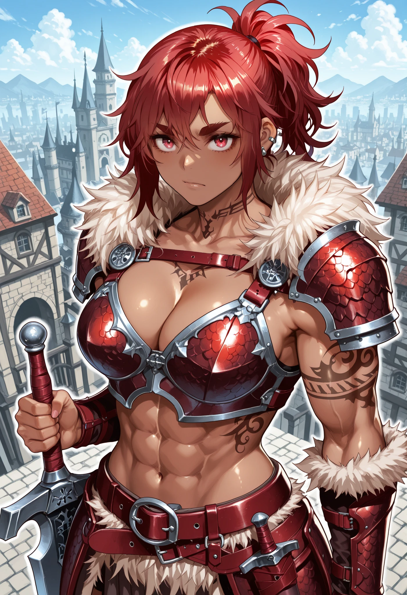 score_9_up , score_8_up , score_7 , masterpiece, fantasy world, City with castles, 1girl, is watching viewers,(onna_tomodachi, brown skin, red hair ponytail hair, messy bangs,  big sword, Wear red leather armor, thick eyebrows, belt with dagger inserted), Dragon's Neck Ornament, fur trim, shoulder armor, belt, piercing, tattoo, armor, abs, biceps, cleavage