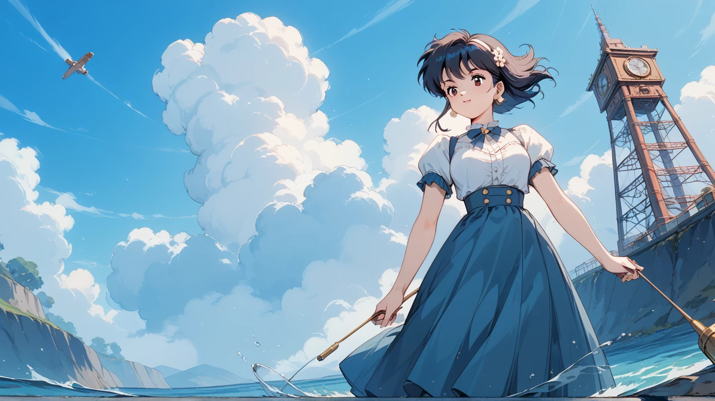 ((highest quality)), ((masterpiece)), (be familiar with), perfect face、ponytail、summer clothes、blue sky、Tele
