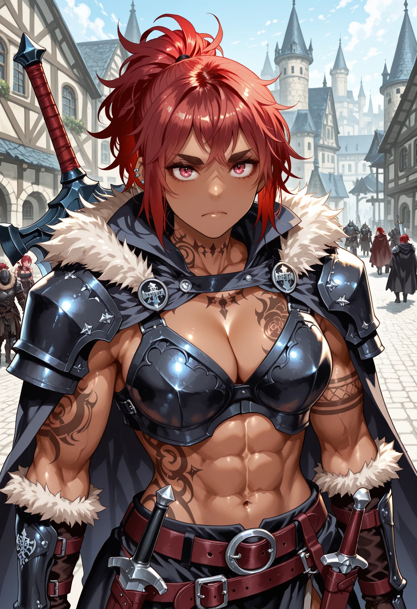 score_9_up , score_8_up , score_7 , masterpiece, fantasy world, City with castles, 1girl, is watching viewers,(onna_tomodachi, brown skin, red hair ponytail hair, messy bangs,  big sword, Wear red and black leather armor, thick eyebrows, belt with dagger inserted, cloak), Dragon's Neck Ornament, fur trim, shoulder armor, belt, piercing, tattoo, armor, abs, biceps, cleavage