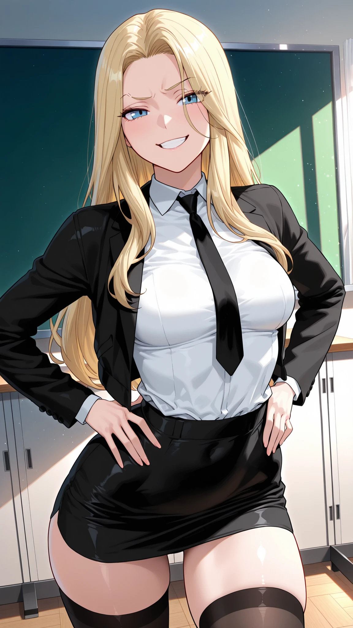 (masterpiece, very aesthetic, absurdres, expressive, perfect face, cartoon style, solo,)  
(classroom background:0.9),
( with long blonde hair, blue eyes and :1.0), (wearing white shirt, black jacket, black necktie, black miniskirt, black stocking:1.1), (high quality detailed art of  blonde girl with long hair blue eyes and , swaying , sly grin, arched eyebrow, seductuve look, expressive:1.2),