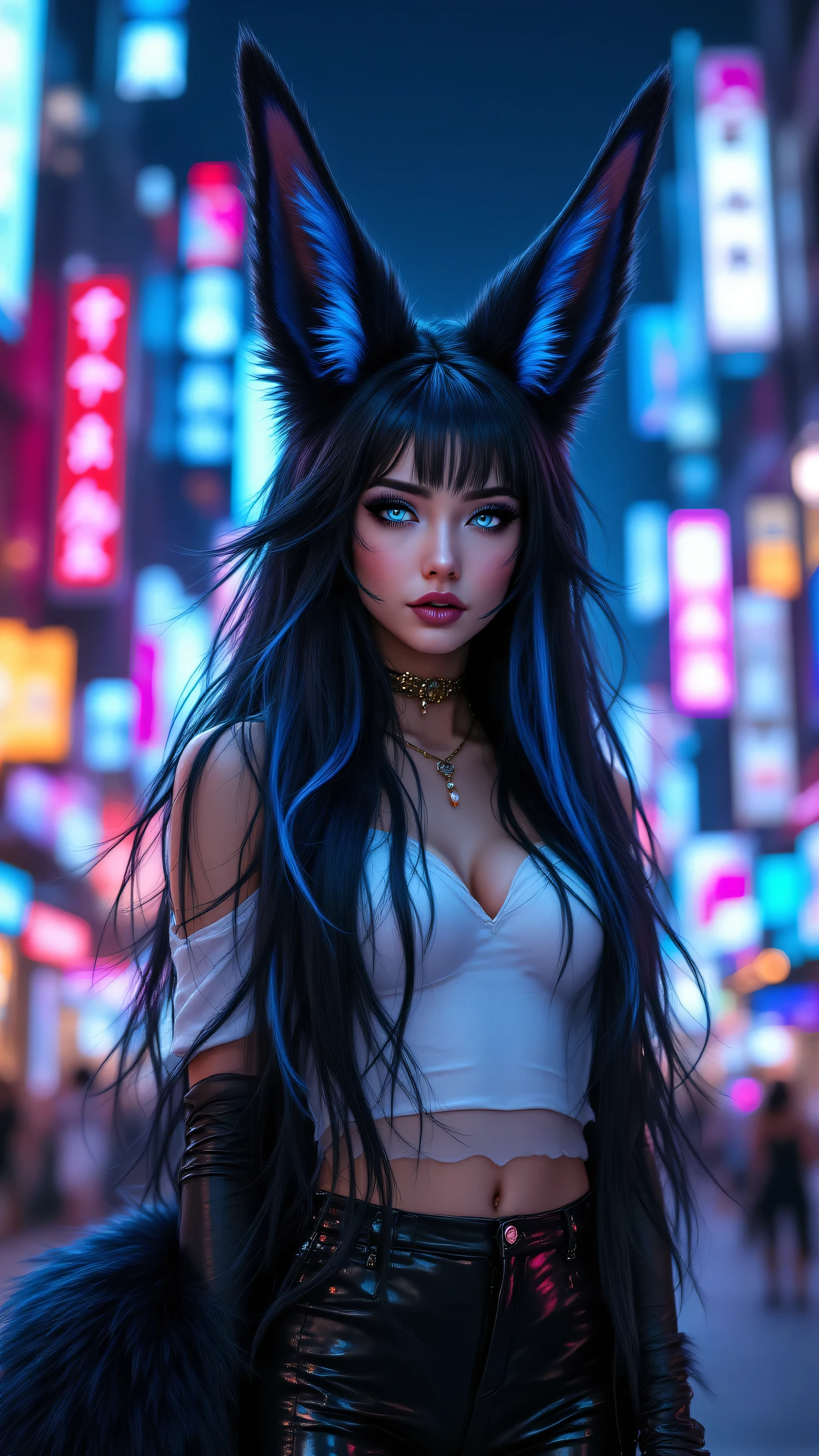 Lua azul ao fundo, A girl is undergoing metamorphosis into a humanoid wolf in the middle of the city,