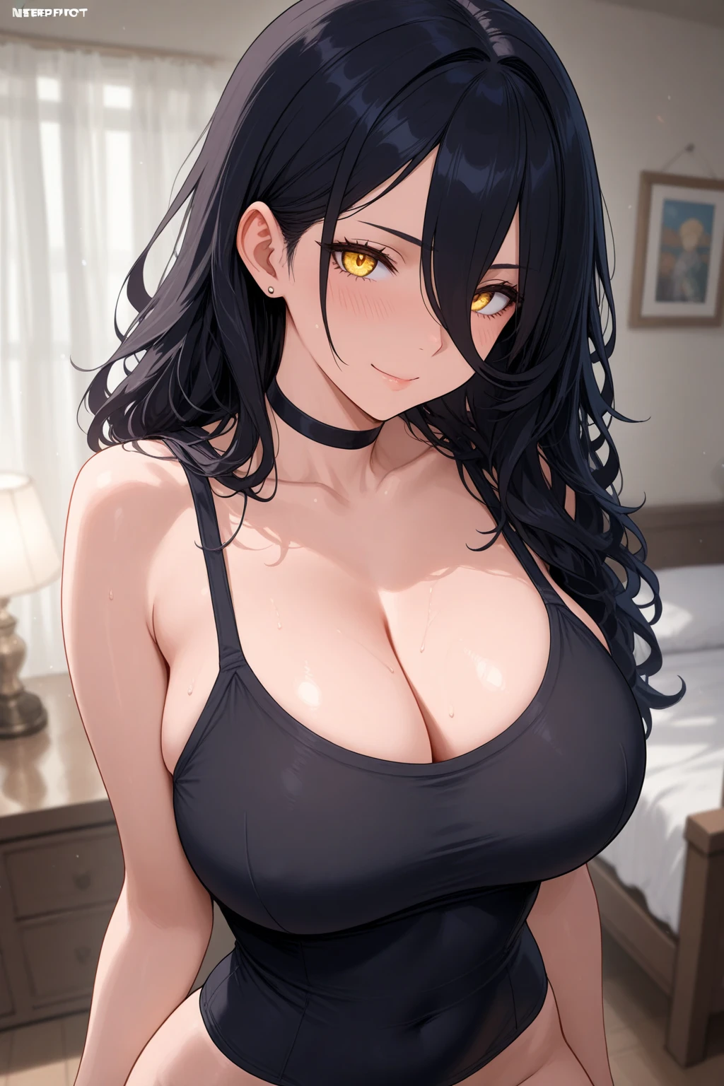dark hair, crystal blue eyes, open mouth, ????? 25 years old, playfully ?????,  cleavage, low cut tanktop , skirt, standing, coy smile with open parted lips, (blushing:1.3), looking invitingly at the viewer, seductive eyes, facing the viewer, livingroom background, leaning forward in a doorway, (pov), glowing eyes, necklace, earrings, ????,