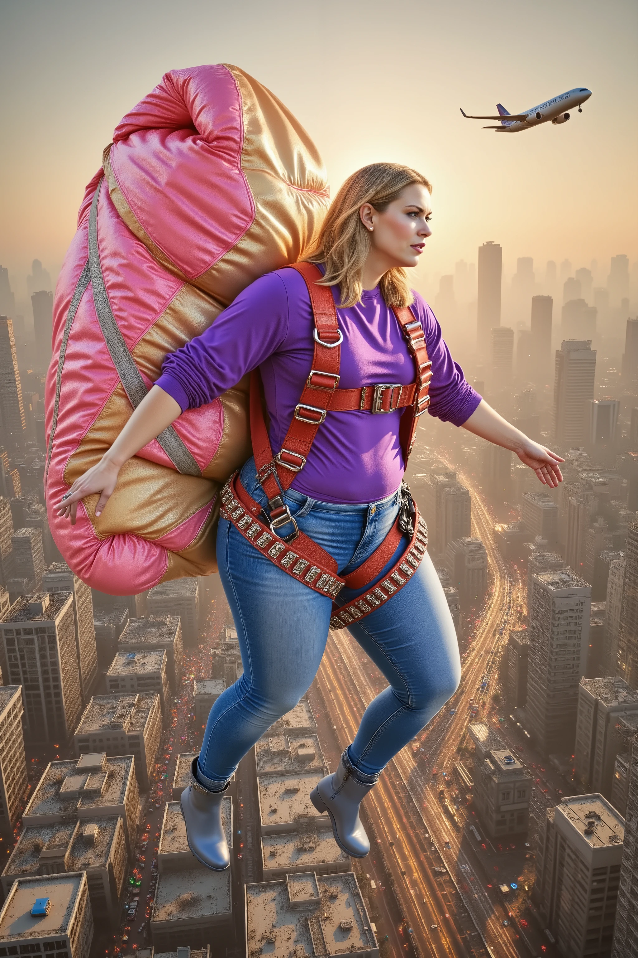 above a large downtown area with low rise buildings, an aircraft soars above a woman, the full-figured body woman is middle aged with light wrinkles of the skin, the woman wears a bright red leather construction safety harness that has heavy D rings on the shoulders attached to a large pink and gold parachute, she wears blue latex jeans and a purple latex shirt beneath the harness, the woman is flying above the city at sunrise, the woman wears blue rubber boots