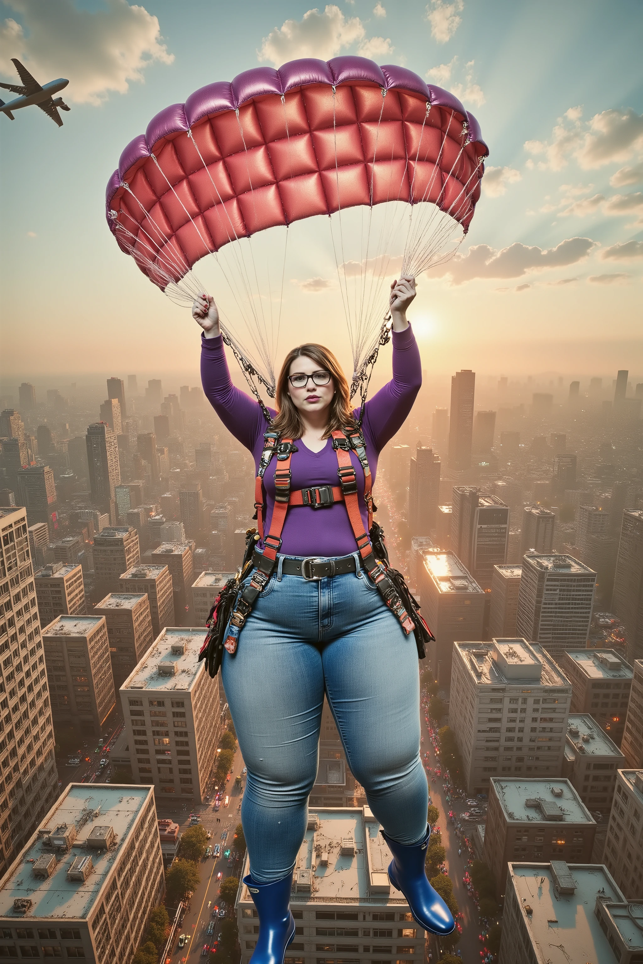 above a large downtown area with low rise buildings, an aircraft soars above a woman, the full-figured body woman is middle aged with light wrinkles of the skin, the woman wears a bright red leather construction safety harness that has heavy D rings on the shoulders attached to a large pink and gold parachute, she wears blue latex jeans and a purple latex shirt beneath the harness, the woman is flying above the city at sunrise, the woman wears blue rubber boots