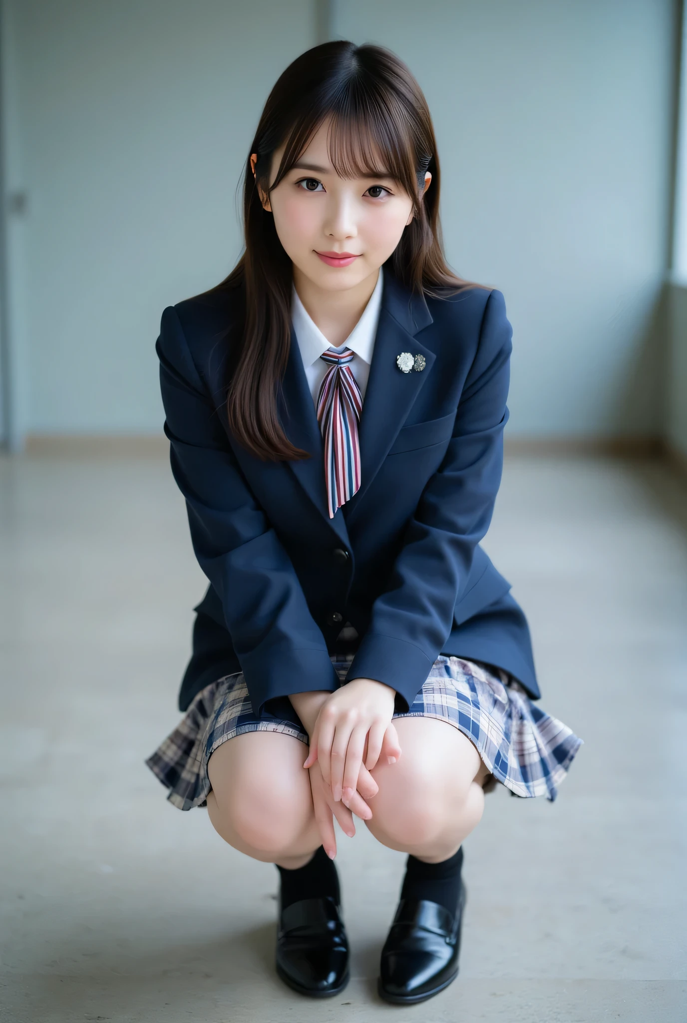 ultra detailed,8k,high resolution,beautiful detailed,high contrast,sharp focus, 50mm, f3,5,
best quality,super hyper realism,realistic,photorealism,(realistic skin:1.2),
japanese solo girl, no makeup, (from below:1,2), looking at viewer, straight-on cinematic portrait, shallow depth of field, ultra realistic, smile,
Japanese high school girl, navy blazer jacket with three buttons and tailored collar, white shirt underneath, chest ribbon in striped pattern of burgundy, navy, and white, bottom options include a pleated skirt with plaid pattern in navy, burgundy, and white, black high socks, black loafers,
(squatting:1,3), (panties:1,3),