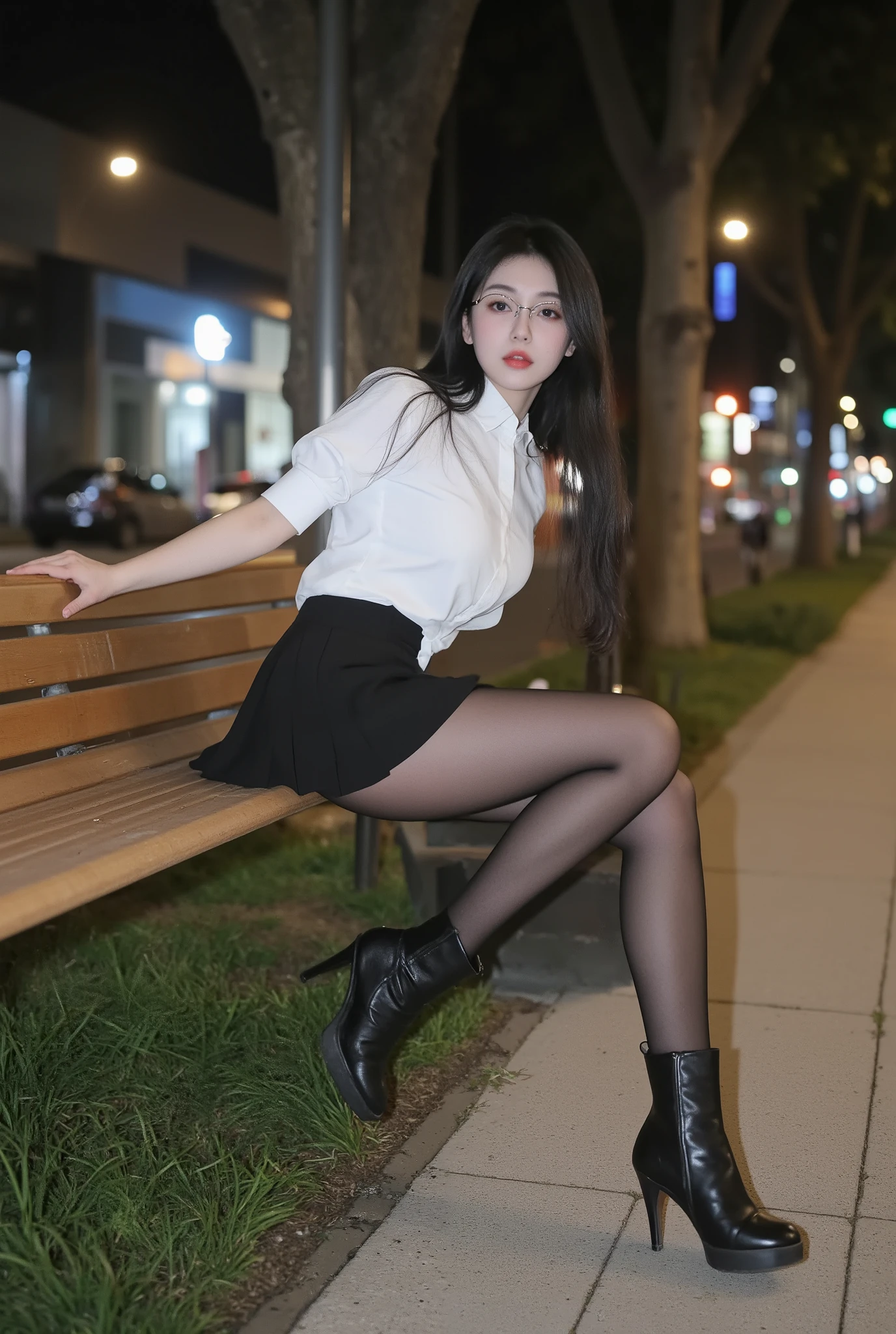 Beautiful white girl with straight long pitch black hair, wearing glasses, thick and fit legs, wearing a white shirt, black pleated mini skirt, black stockings, small heeled boots, she puts both her arms on the top of the bench and leans back. Sitting on a bench in a city in night time, legs crossed, her face turned to the camera, cool look