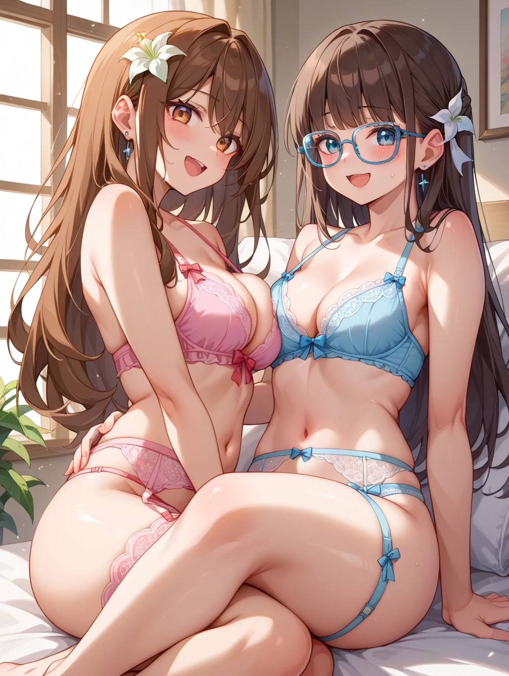 Highest quality, masterpiece, High resolution, (alone),  {full moon_Fleet Collection:1.15}, Long Hair, Brown Hair, Glasses, brown_eye, red-framed_Glasses, semi-rimless_Glasses, Crescent Moon, black_Seraphim, blush, Under Rim_Glasses, One girl, Closed_eye, Open_mouth, School_uniform, (indoor, office, living room), , blackスカート, smile, (Petite),((nsfw)), Flat Chest, (panties), (Junior Bra), Sports bra, (White underwear), From behind