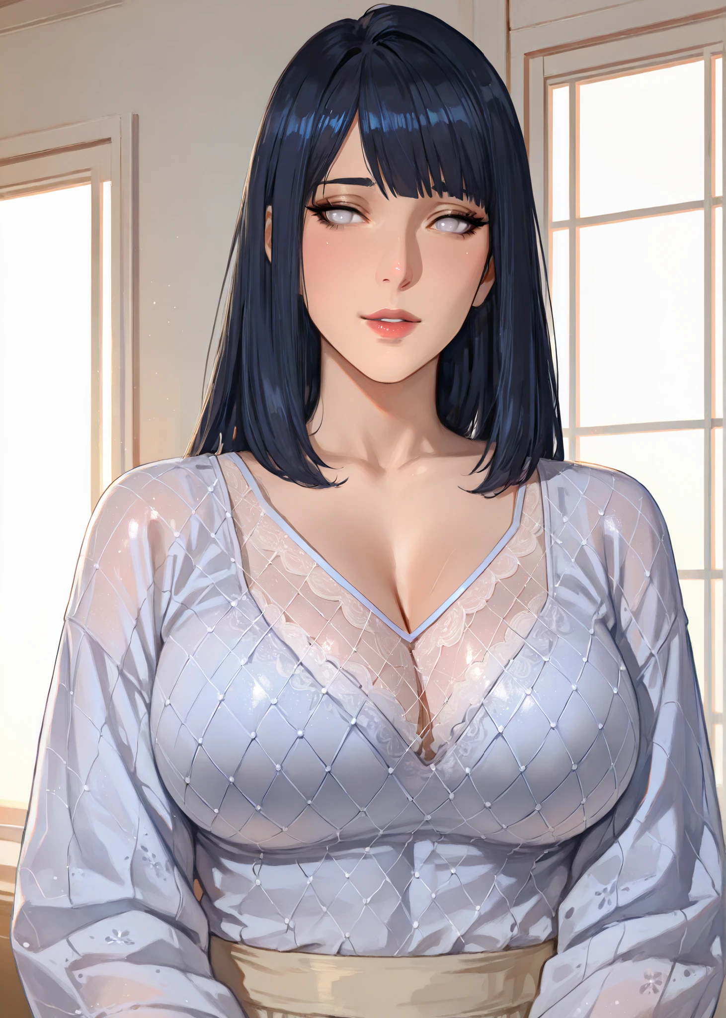 mature female, housewife,Hinata Hyūga, Dark Blue hair, Long hair, straight hair, white eyes, long sleeve shirt, cleavage, milf, soft light, ultra detailed, highres, absurdres, upper body , blue printed pattern using costume,net style covered top body white colour transparent dress,colour costume.
