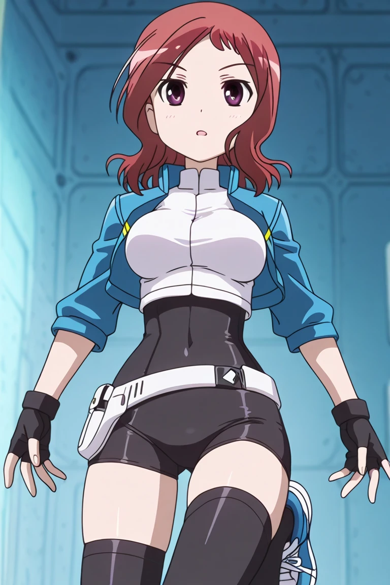 Megumi Shinigami, solo, 1 girl, MILF, mature, red hair, short hair, bangs, straight bangs, eyebrows hidden by hair, red eyes, breasts, average breasts, hips, average hips, straight hair, lips, pink lips, highlighted lips, gloves, average breasts, Gwenpool, pink and white leotard, utility belt, bending over, leaning against wall, pause, full body, pause, pink and white swimsuit, serious look, investigating, abandoned building, night