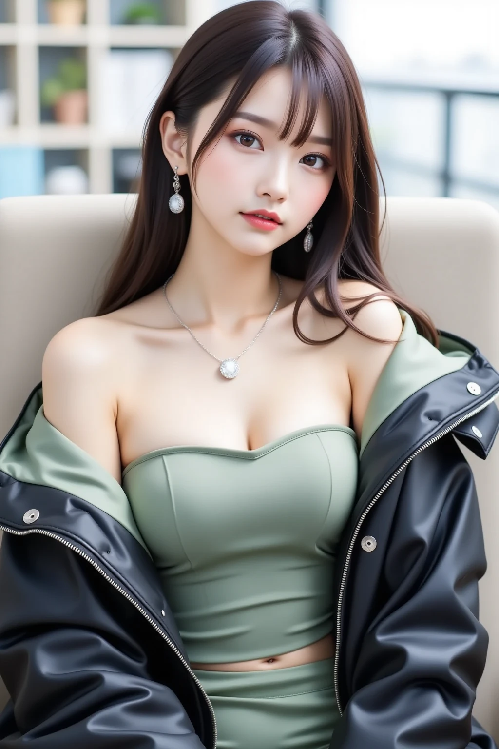 Fighters、 、Air Force Pilot、Conversation with maintenance personnel inside the hangar、Fighters、dark green flight suit、High exposure、Photorealistic images of solo idols, Morning Musume inspired by Eri Kamei, Radiates charm and beauty with plenty of bust and subtle exposure of cleavage. The image is、Must reflect a real person of the highest quality, Powered by Ultra-HD (16 K) resolution, crisp detail, Vivid colors, Dynamic Range, Soft bokeh, Fine texture, Realistic realism, Pin Sharp Focus. 、The camera setup is、Nikon D850 and NIKKOR Z 58mm Boobs Boobs Boobs Boobs F。/0.95 S Noct lens,  The setting must be ISO 64, F/0.95, Shutter speed is 1/60. --ar 16:9 - V5.1 --Style raw --Q 2 --S 750