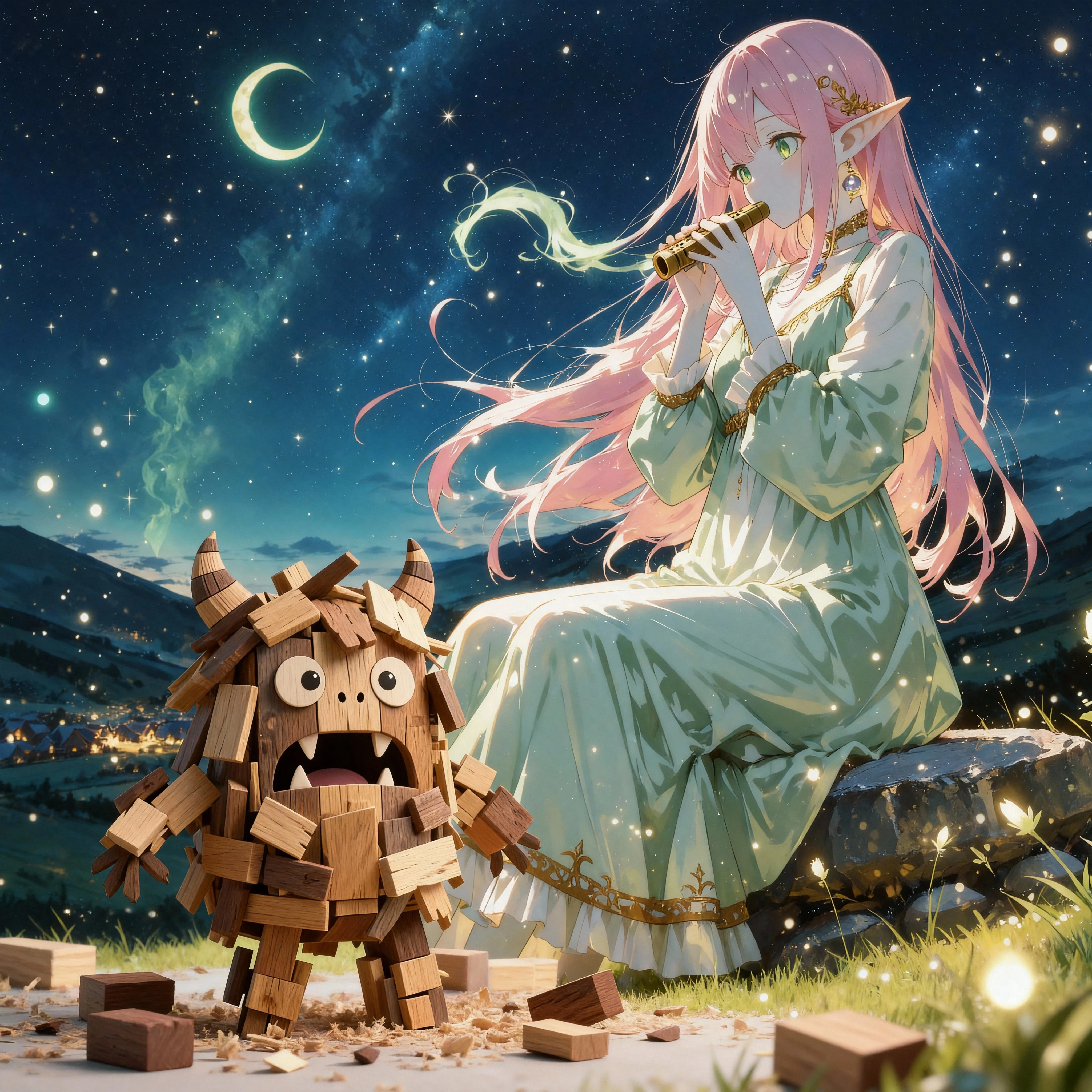 748cmstyle,Cute,rich anime,1 elf girl named Lumiere sitting on a stone on a moonlit hill on the right side of the image, playing a harmonica, long straight pink hair with tips fading to light green, deep green large eyes, smooth pale skin, slightly pointed ears, wearing a flowing ethereal dress that shimmers subtly, soft golden highlights on her hair and dress from moonlight, gentle wind slightly moving her hair, ethereal and calm atmosphere, background: starry night sky with pale blue crescent moon, hill slopes down to distant village with warm lights, cinematic lighting, floating light particles, soft shadows, high-quality anime-style, detailed textures, dynamic composition emphasizing light and atmosphere, masterpiece
