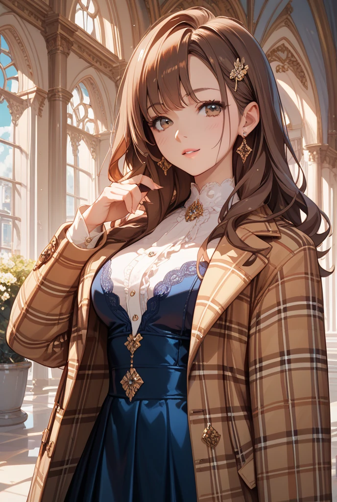 1 girl, alone, brown hair, long, , looking at viewer, smile, bangs, brown hair, blue dress, jewelry, , closed mouth, yellow eyes, red lips,