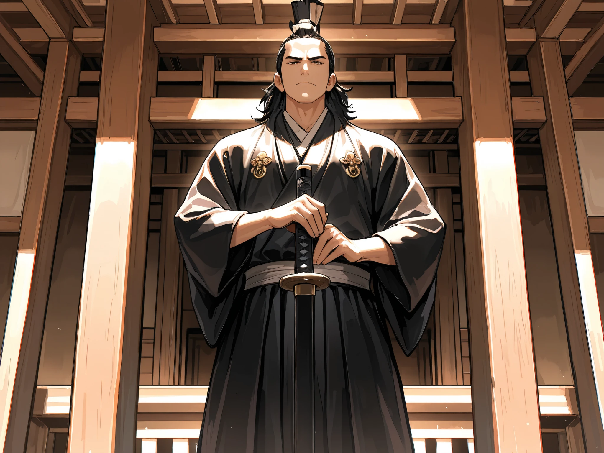 ((detailing)),(Masterpiece, best quality, detailed anime illustration), cinematic, portrait view. Izusa Matashiro Ienao, 8th Soke of Katori Shinto-ryu, standing completely facing the viewer, his face clearly visible with a calm, authoritative expression. He wears magnificent ceremonial samurai attire with family mon crest. He holds a katana upright before him, both hands on the hilt, the blade pointing downward. He stands alone in the main hall of a Shinto shrine. No other figures present. The composition focuses entirely on his frontal pose and direct gaze.
--ar 2:3 --niji 6