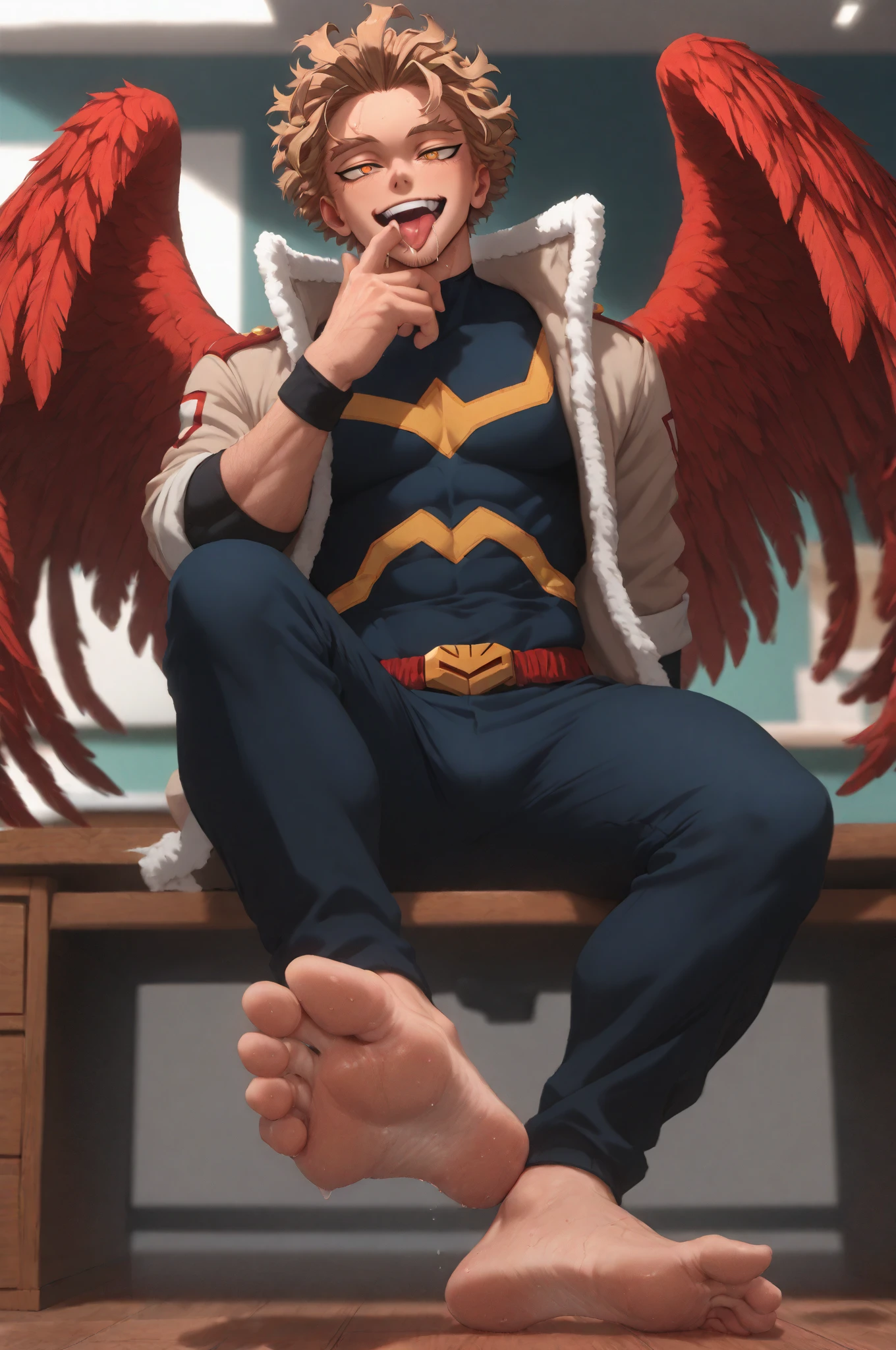 score_9, score_8_up, score_7_up, score_6_up, perfect , perfect proportions, best quality, masterpiece, high_resolution, high quality, aesthetic, absurdres, (male focus), solo male, adult, mature, masculine, manly, handsome, charming, alluring, cowboy shot, dutch angle, source_game \(Tokyo Afterschool Summoners\), source_game \(housamo\), official style \(Tokyo Afterschool Summoners\), official style \(housamo\), Hogen, TASHogen, old man, wrinkle, gold eyes, white hair, short hair, facial hair, beard, TASHogen_outfit04, single horn, Yamabushi outfit, Japanese clothes, , green hakama, wide pants, geta, Ipponbageta \(one-tooth geta\), hip vent, on one knee, grin, from below, low angle, green wings, simple background, from side, bashful, blush, smirk