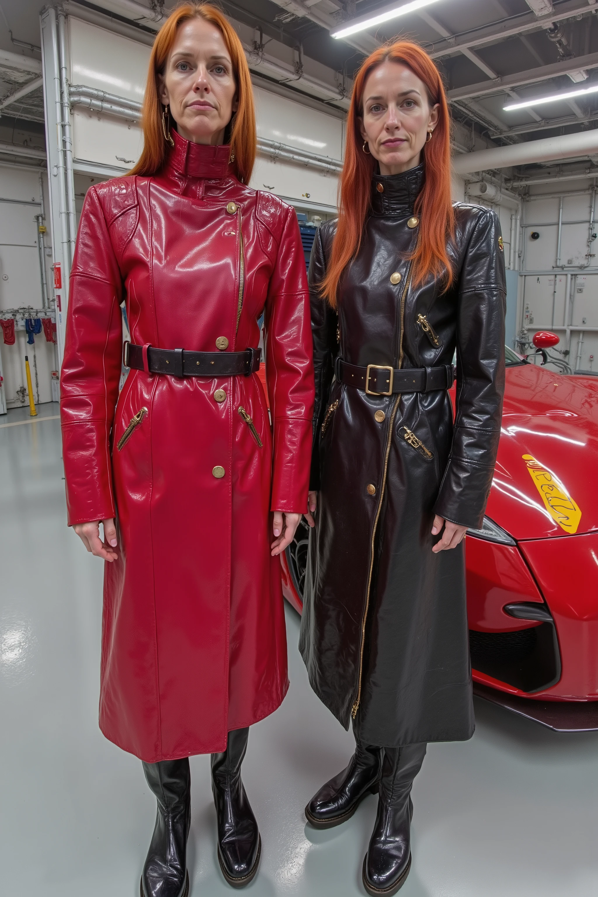 a wide angle image of a 54 year old 300 pound woman wearing a red and pink GothTrench with a black belt, the woman stands next to a 38 year old woman that is tall and thin with long red hair, the 38 year old wears a black red and yellow cafe racer jkt vintage leather jacket that is perfectly waxed and has minimal scratches, the 38 year old wears black and red leather boots, the women stand inside of an orbital space station near a concept car that is sleek futuristic and has four doors, the vehicle is a sports sedan and there is a "SRAMA" logo on the side of the hood, the ladies stand near the vehicle inside of a futuristic space station with large windows overlooking the stars and vastness of space, the women have detailed hands with light wrinkles
