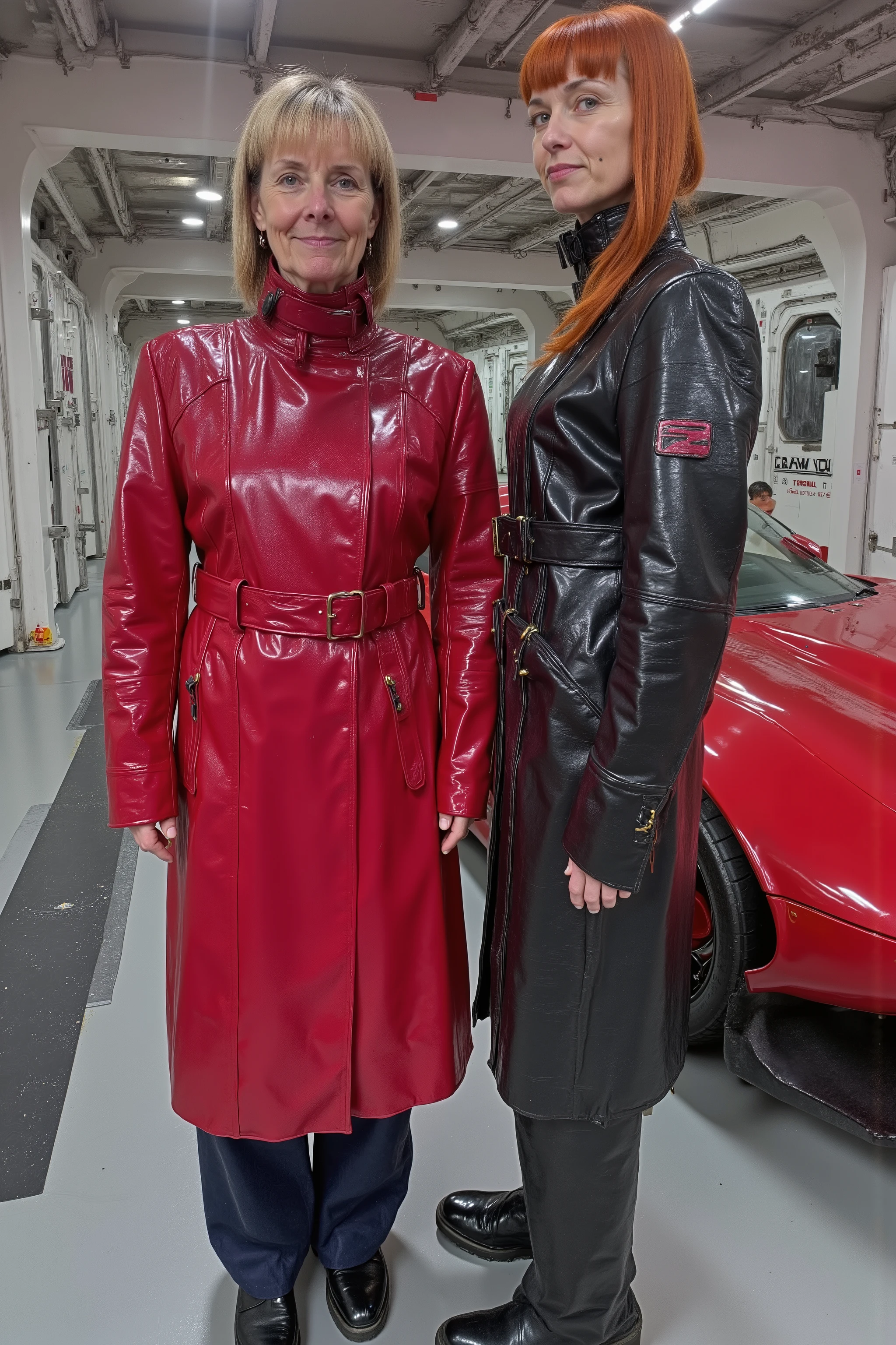 a wide angle image of a 54 year old 300 pound woman wearing a red and pink GothTrench with a black belt, the woman stands next to a 38 year old woman that is tall and thin with long red hair, the 38 year old wears a black red and yellow cafe racer jkt vintage leather jacket that is perfectly waxed and has minimal scratches, the 38 year old wears black and red leather boots, the women stand inside of an orbital space station near a concept car that is sleek futuristic and has four doors, the vehicle is a sports sedan and there is a "SRAMA" logo on the side of the hood, the ladies stand near the vehicle inside of a futuristic space station with large windows overlooking the stars and vastness of space, the women have detailed hands with light wrinkles