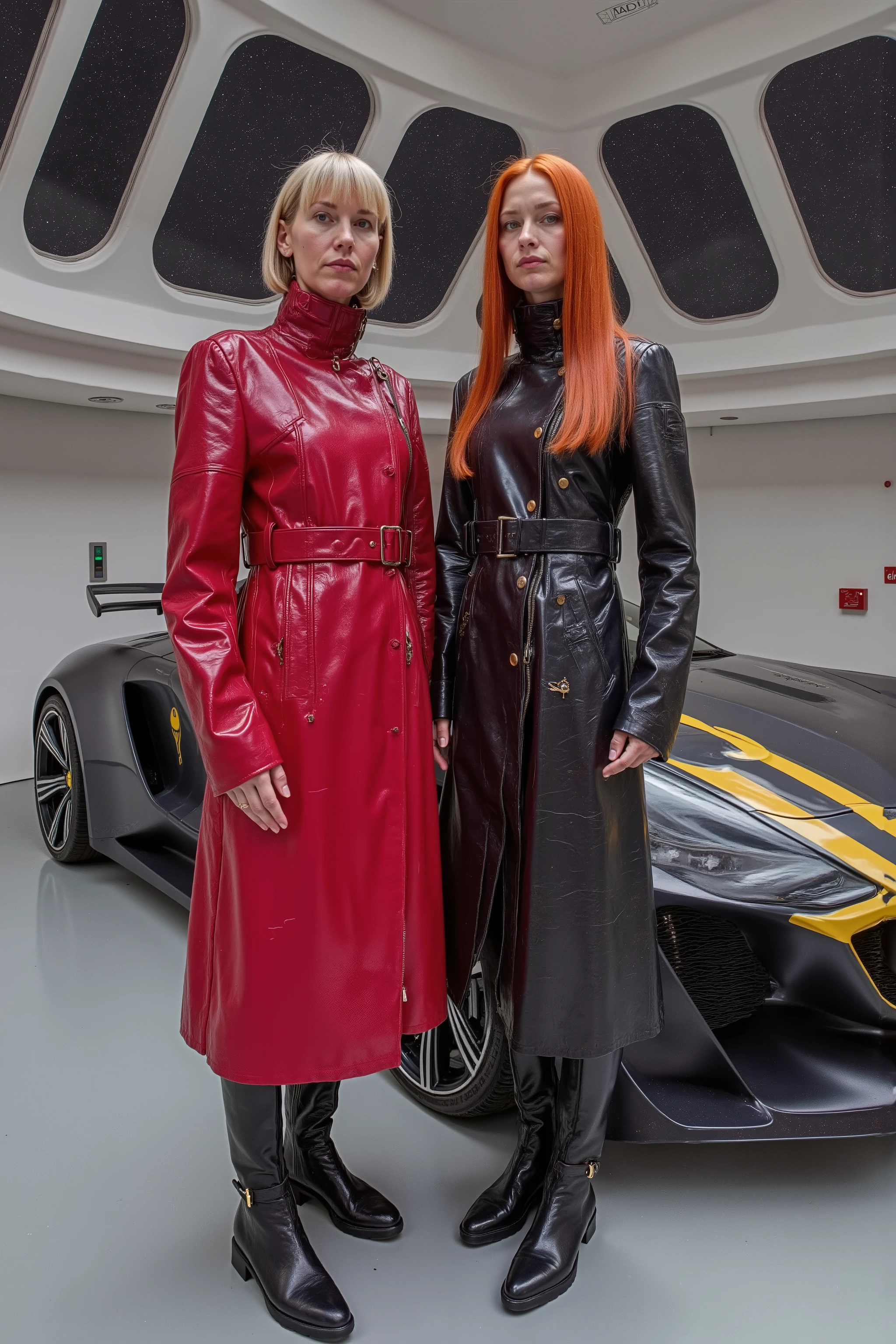 a wide angle image of a 54 year old 300 pound woman wearing a red and pink GothTrench with a black belt, the woman stands next to a 38 year old woman that is tall and thin with long red hair, the 38 year old wears a black red and yellow cafe racer jkt vintage leather jacket that is perfectly waxed and has minimal scratches, the 38 year old wears black and red leather boots, the women stand inside of an orbital space station near a concept car that is sleek futuristic and has four doors, the vehicle is a sports sedan and there is a "SRAMA" logo on the side of the hood, the ladies stand near the vehicle inside of a futuristic space station with large windows overlooking the stars and vastness of space, the women have detailed hands with light wrinkles