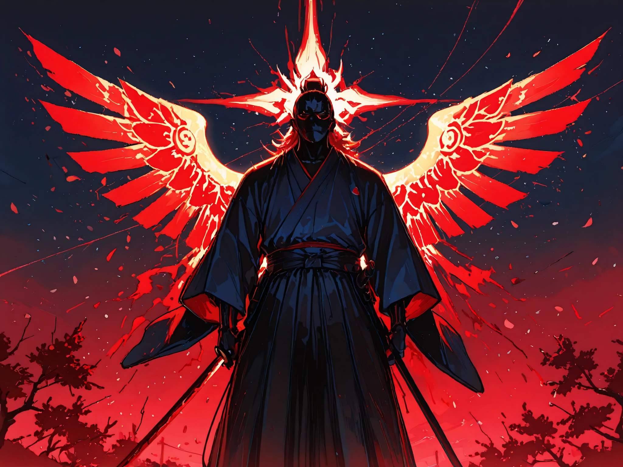 (Masterpiece, best quality, ultra detailed illustration), cinematic, dynamic composition. Sasaki Kojirō facing directly toward viewer, his face visible with confident expression. He wears magnificent traditional samurai attire — dark blue kimono with crimson lining and golden phoenix patterns, formal hakama. His exceptionally long katana "Tsubame Gaeshi" creates beautiful crimson and silver afterimages that form the shape of giant spectral swallow wings around him. The sword trails glow with intense red energy. Cherry blossom petals float gracefully around the scene. The background shows only abstract, soft-focus cherry tree branches and moonlit sky, no cyberpunk elements, no prison-like aesthetics. Pure Japanese classical elegance combined with dynamic sword energy.
--ar 2:3 --niji 6