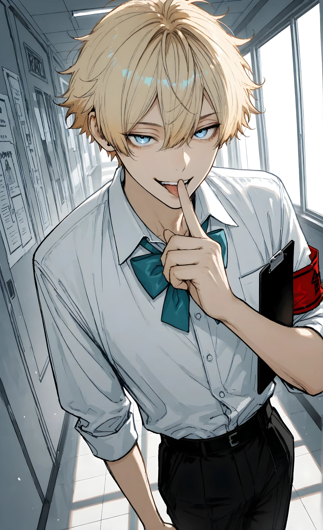 masterpiece, best quality, ultra-detailed:1.3, anime illustration, student council president, 1male, solo, young guy, late teens, short light blonde hair, striking blue eyes, sharp intense gaze, holding a clipboard, pointing authoritatively down the school hallway, strict commanding expression, arrogant smirk, wearing: white ruffled shirt, large dark teal bow tie, red armband on forearm, background: school corridor, long empty perspective, windows with soft light, atmosphere: tense, oppressive, authoritarian, dramatic shadows, style: anime/manga aesthetic, detailed rendering