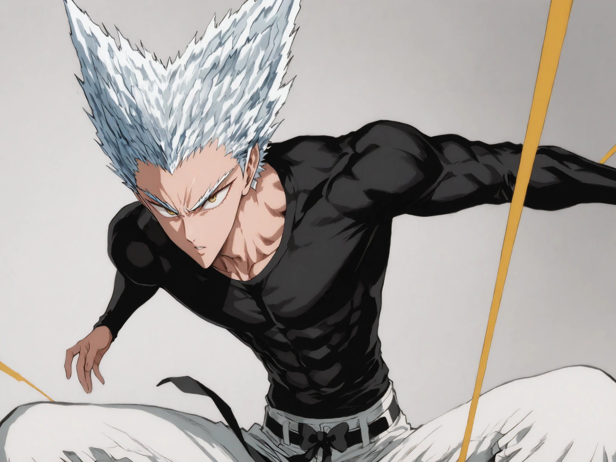 1 person, man[One Punch Man Garou]., Black Little Bow Seamless Ballet Flats., White jogger pants., A thick yellow string tied roughly forwards around the waist., Black long sleeve t-shirt that sticks., yellow eyes., neat white hair, subtle color shifts in hair, Short hair length .,  young man,  young adult ., handsome, Neat and tidy., Krenz Cushart and Asher Duran., Illustration based on Murata's drawing, fan art., bright, delicate facial expression, Accurate Physical Expression, anime character., High quality animated art style, Detailed skin texture,  Perfect Composition., Smooth gradation of tones,  Detailed Fan Art , Full Color Illustration , Clean Line Drawing and Color, Great Character Design, dramatic contrast,masterpiece, best quality, ultra high resolution, UHD, intricate details, hyper detailed, Clean and slender muscle arrangement, Correct muscle position[[[Execute the correct command]]]