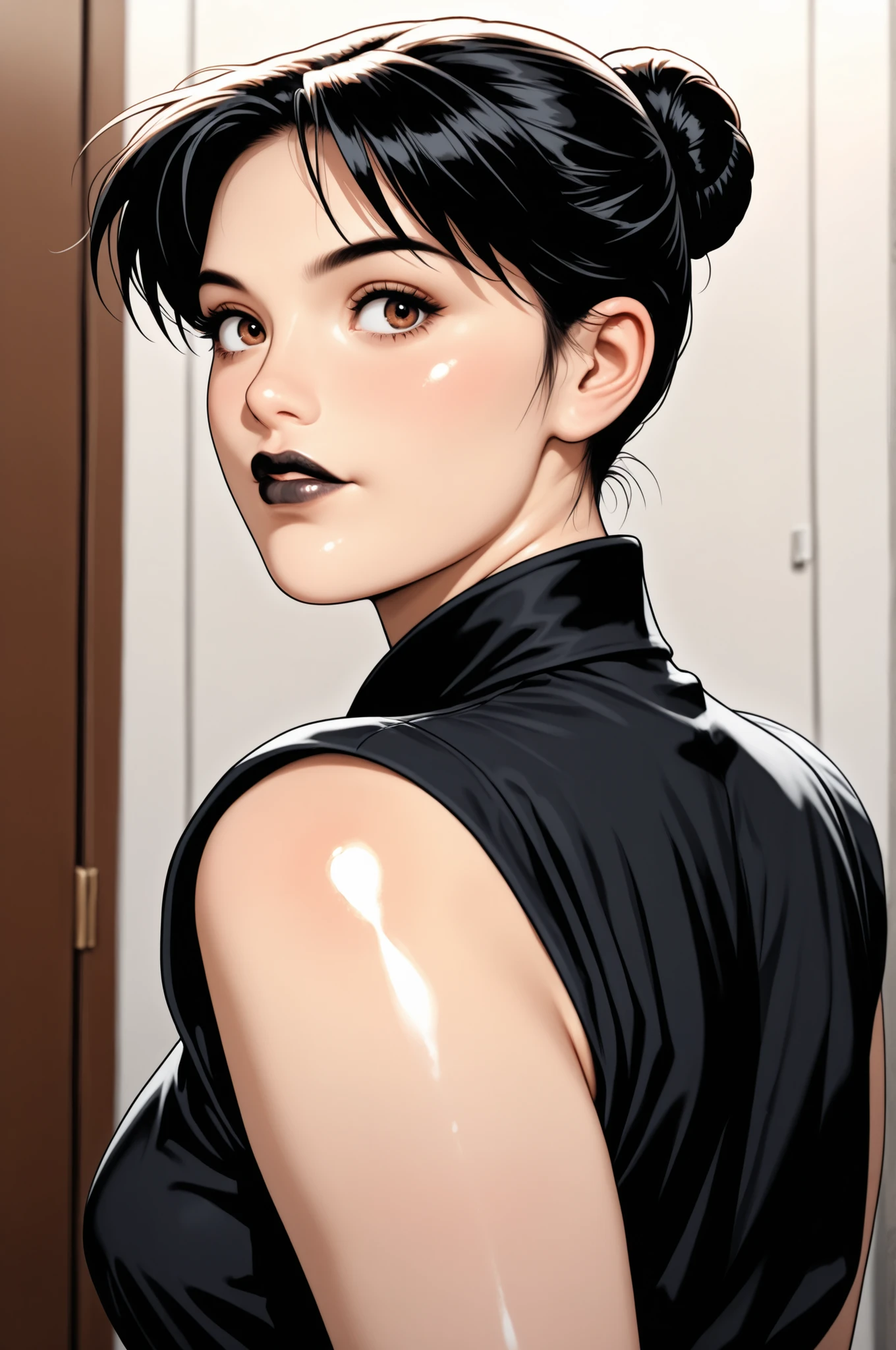 ((Perfect Face, Black Hair Bun, Brown Eyes, Black Thick Lips, Female Beautiful)) (Looking At Viewer, Pov) (Shiny Skin), (Glossy Skin)