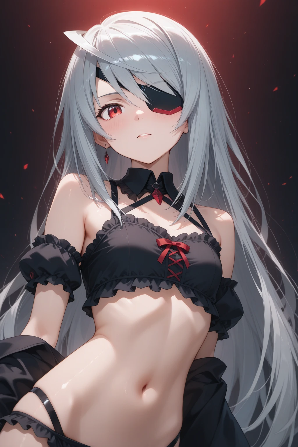 Long gray hair,blood red eyes,Necklace with cross,Wearing a black and white goth bikini