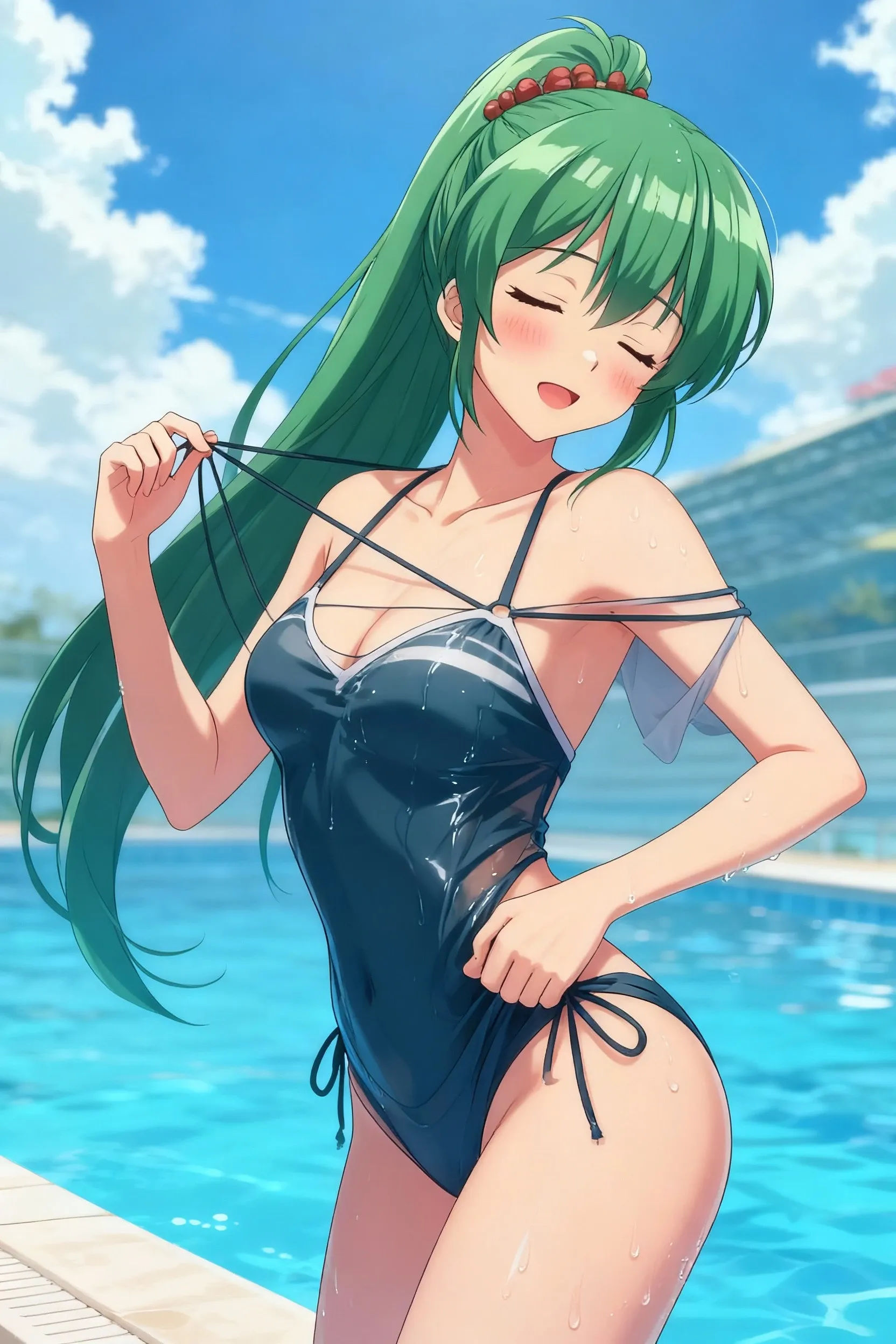 (masterpiece, best quality, ultra-detailed, best shadow, volumetric lighting), (beautiful detailed face, beautiful detailed eyes), (best illumination),
c.c., code geass,
green hair, very long hair, wavy hair, orange eyes, detailed eyes, medium , ,
ashford academy swimsuit,
full body, intense angle,
mksks style, beautiful background, professional lightning, indoor, pool,