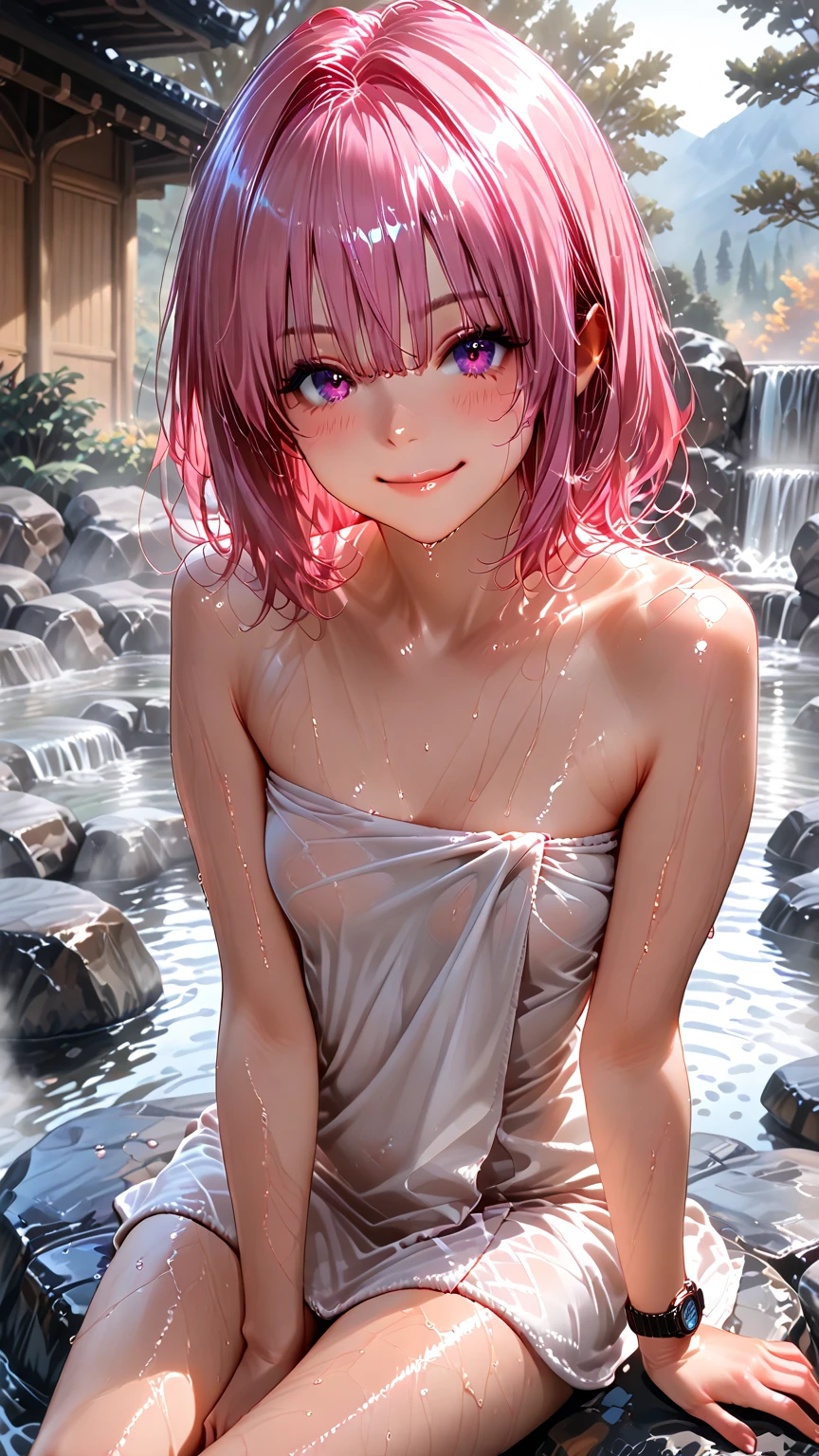 (4k, best quality) pink haired anime girl, with white short dress, wet from rain, smiling,  outline --auto --s2