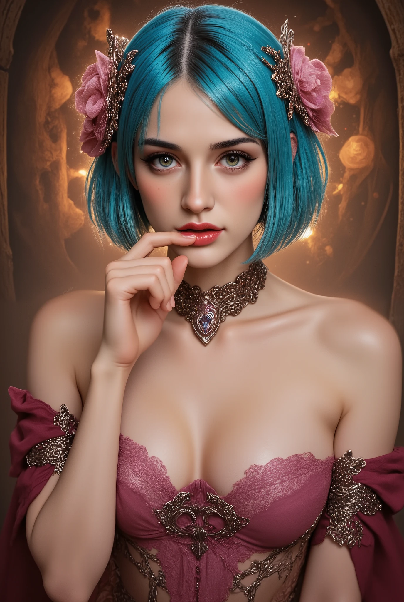 masterpiece,Highest Quality,very detailed,,1girl, She's Biting Her finger, Seraphina_tailor,short cian hair,Sharp Cheekbones ,Tan skin ,big boobs,detailed facial features,realistic skin texture,Classy expression ,Confident Postures,mystical background,Fantasy Forest Environments ,Shining Magical Aura,warm lighting,Digital Painting,4K,8k,high resolution,PHOTOREALISTIC,Physically Based Rendering,Brilliant Colors,Dramatic Lighting