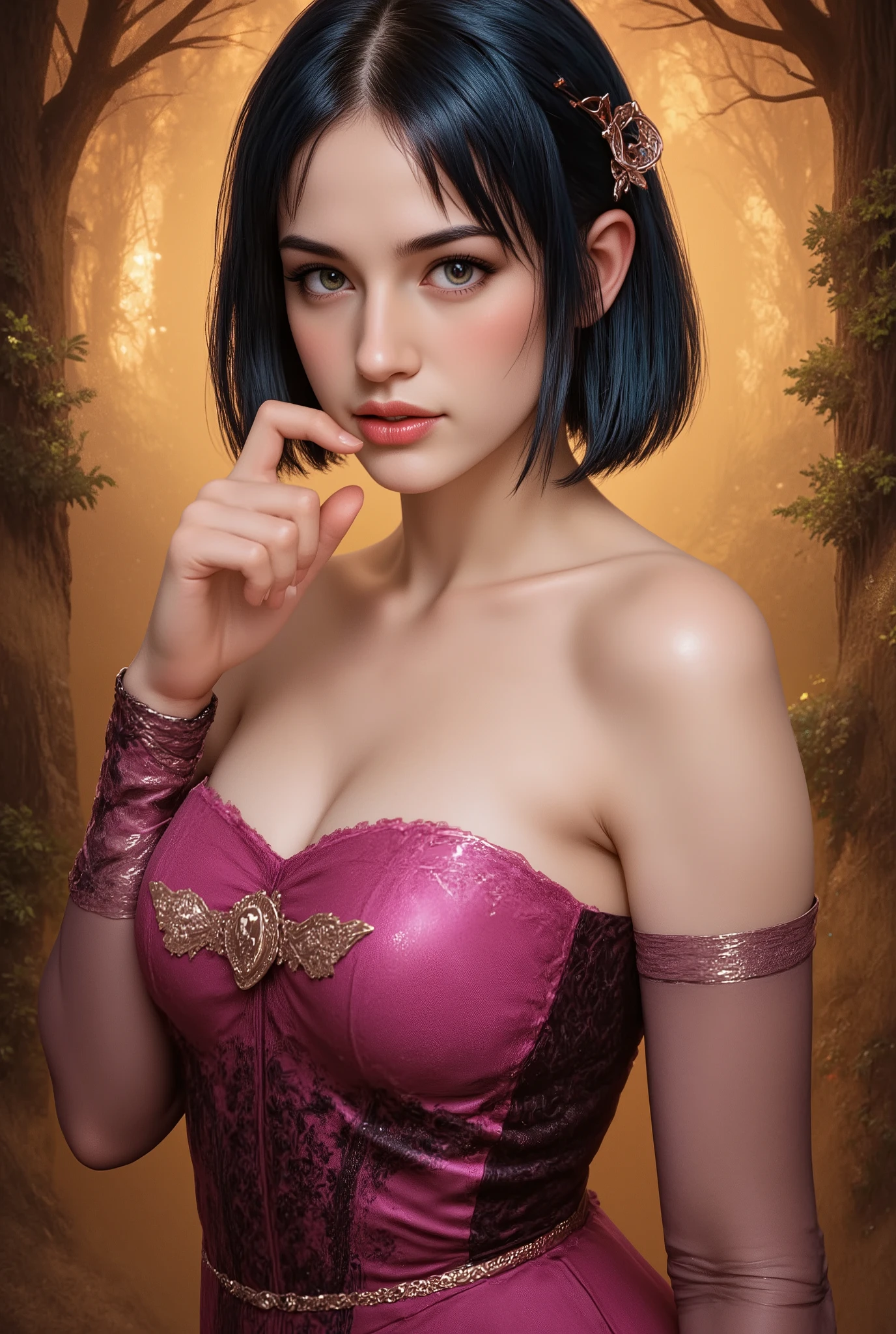 masterpiece,Highest Quality,very detailed,,1girl, She's Biting Her finger, Seraphina_tailor,short cian hair,Sharp Cheekbones ,Tan skin ,big boobs,detailed facial features,realistic skin texture,Classy expression ,Confident Postures,mystical background,Fantasy Forest Environments ,Shining Magical Aura,warm lighting,Digital Painting,4K,8k,high resolution,PHOTOREALISTIC,Physically Based Rendering,Brilliant Colors,Dramatic Lighting