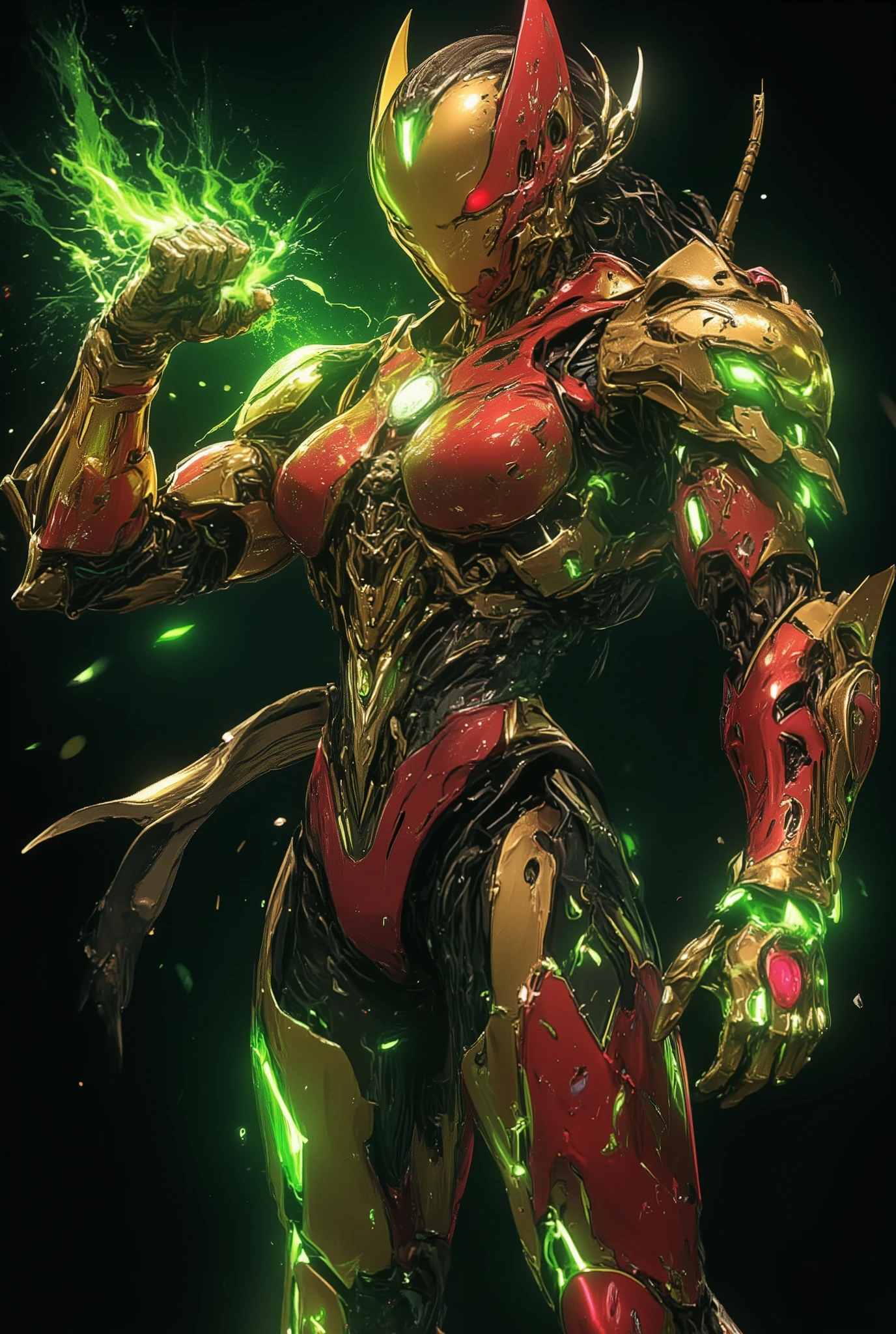 Masterpiece:1.2), best quality, high resolution, Unity 8K Wallpaper, (super real illustration:1.0), Beautiful Details, very detailed on trends, perfect lighting, neon colored, very detailed on trends CG, Shine eyes, backlit, armor, Shine, full_armor, warframe, stunning humanoid_robot lady, tall, (Martial arts fighting pose:1.5), mask ,sample_background, arms, scary monsters, iridescent red and shiny golden and matt black_armor, Audience, alone, perspective, Anatomical accuracy, bold composition, cool fighting pose, Burning Fist, green fire, Exudes an aura