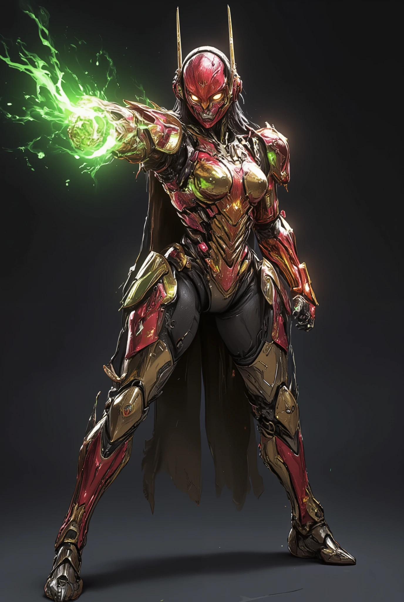 Masterpiece:1.2), best quality, high resolution, Unity 8K Wallpaper, (super real illustration:1.0), Beautiful Details, very detailed on trends, perfect lighting, neon colored, very detailed on trends CG, Shine eyes, backlit, armor, Shine, full_armor, warframe, stunning humanoid_robot lady, tall, (Martial arts fighting pose:1.5), mask ,sample_background, arms, scary monsters, iridescent red and shiny golden and matt black_armor, Audience, alone, perspective, Anatomical accuracy, bold composition, cool fighting pose, Burning Fist, green fire, Exudes an aura