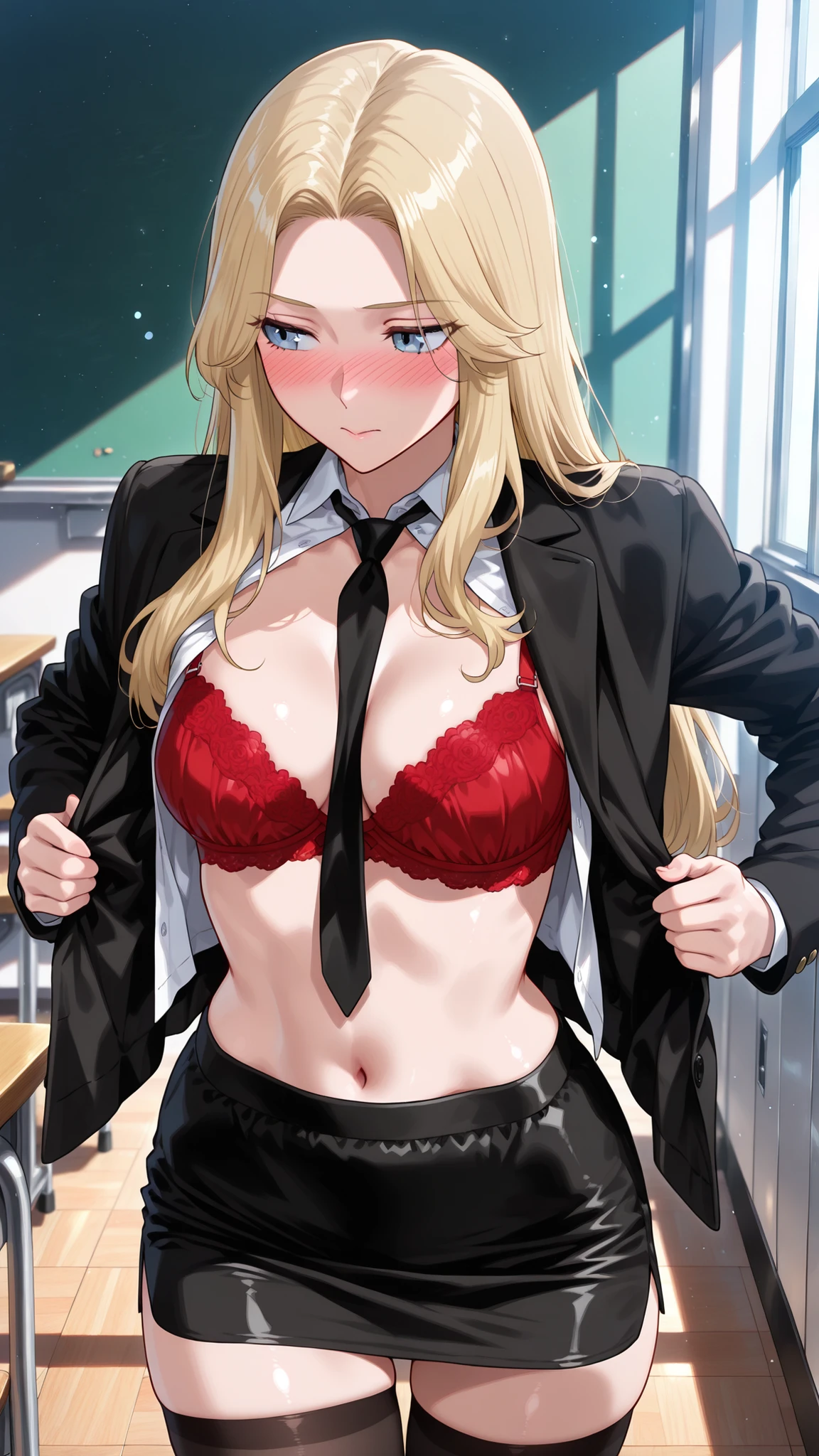 (masterpiece, very aesthetic, absurdres, expressive, perfect face, cartoon style, solo,)
(classroom background:0.9),
( with long blonde hair, blue eyes and :1.0), (wearing open white shirt, black jacket, black necktie, black miniskirt, black stocking, red bra:1.1), (high quality detailed art of blonde girl with long hair blue eyes and , , midriff, navel, looking away, blush, cold expression, seductuve look, expressive:1.2),