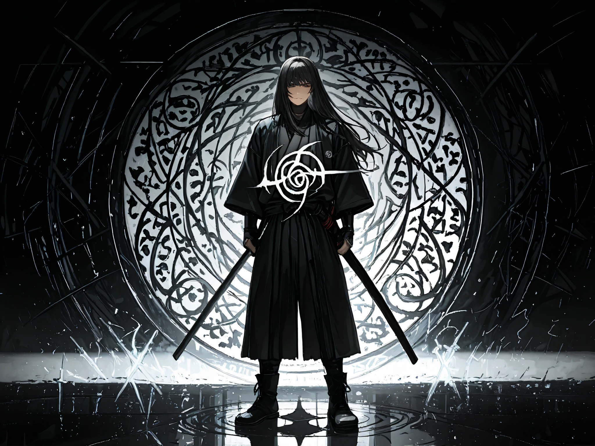 ((detailing)),(Masterpiece, best quality, ultra detailed illustration), cinematic. Miyamoto Musashi facing  TOWARD VIEWER, wise eyes looking straight at the observer. His long hair is not tied, obscuring his face. He stands in a balanced Niten Ichi-ryu stance, BOTH katana and wakizashi clearly visible in his hands. He wears simple but dignified traveling clothes. Dramatic black ink brushstrokes swirl around him forming ensō circles and calligraphic patterns. The two swords create intersecting silver energy trails. The background is a soft-focus Japanese ink landscape. frontal composition
--ar 2:3 --niji 6