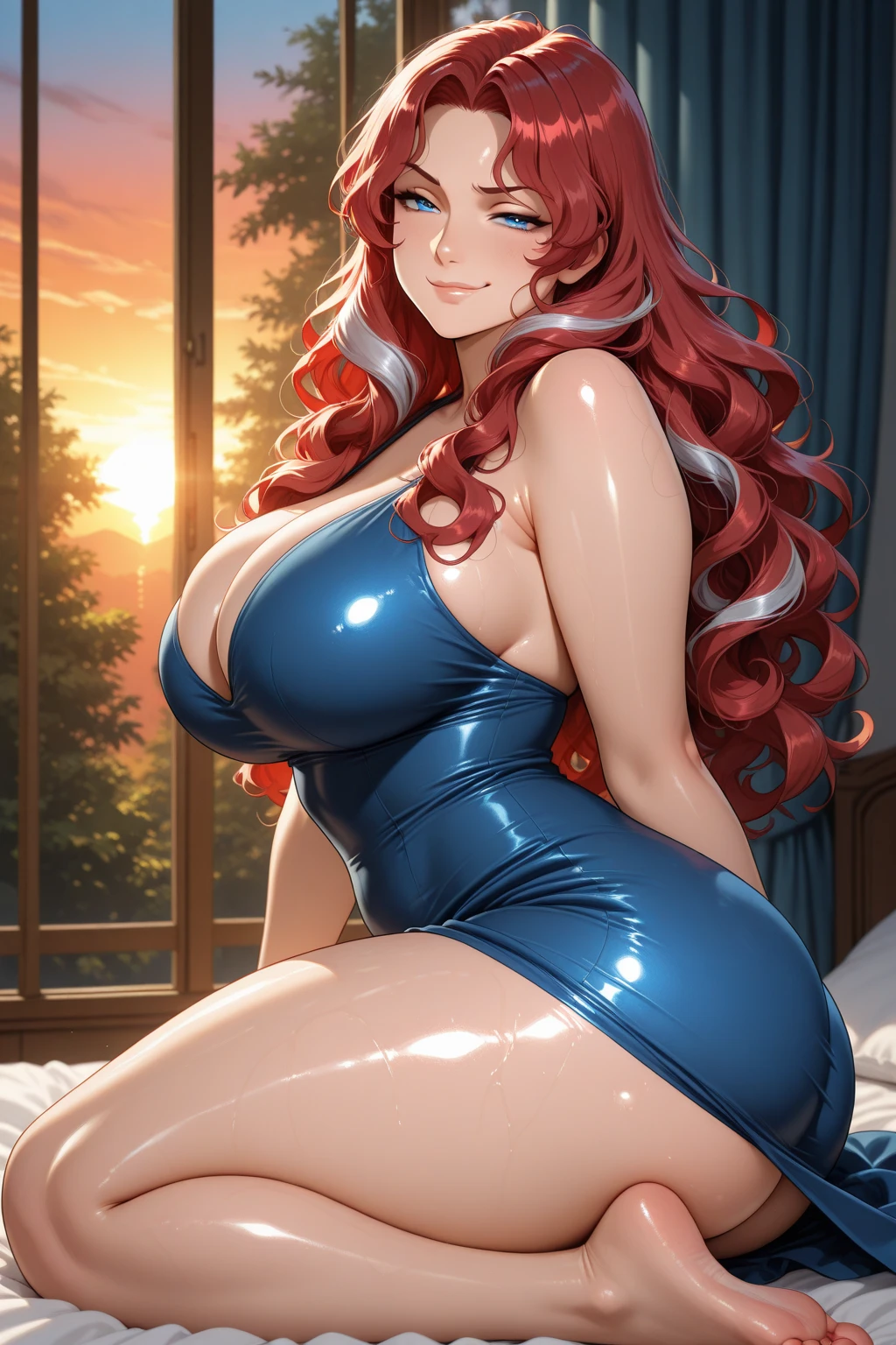 Pregnant, tight sky blue dress, curly long red hair, 