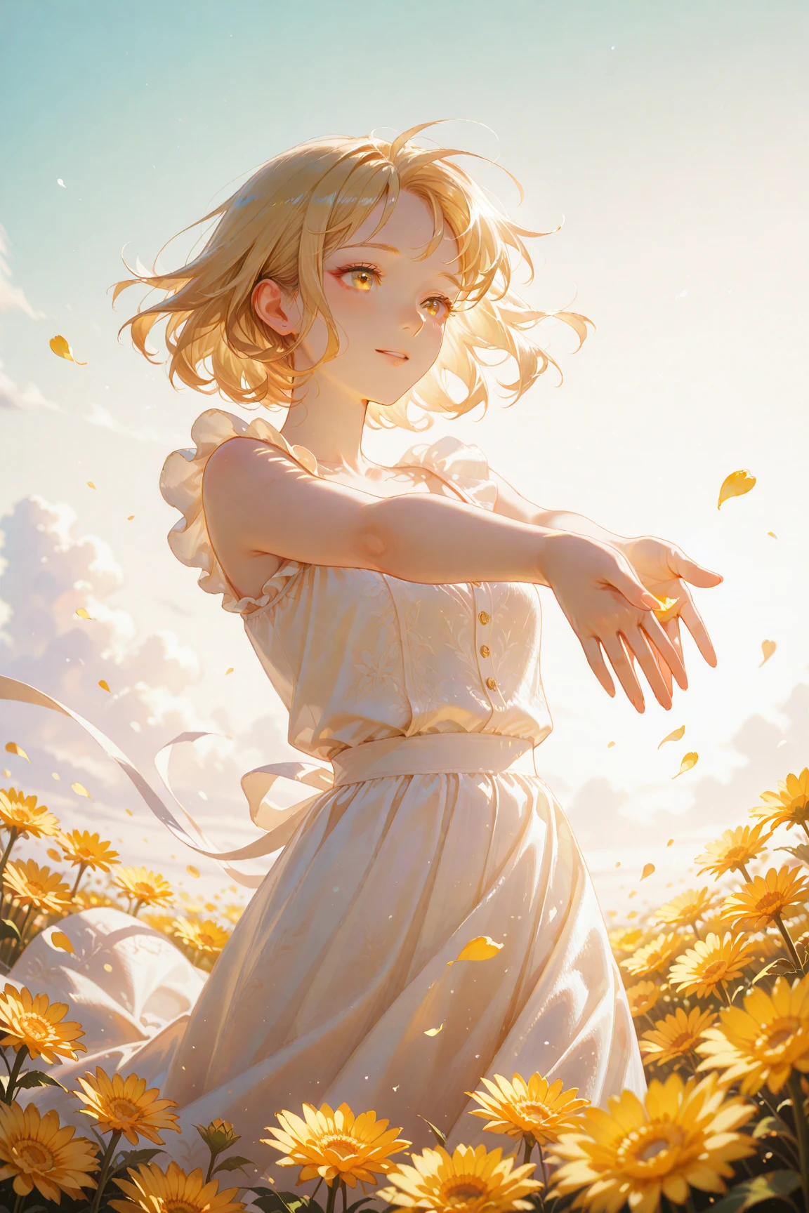 Girl cute Fair skin Shawl White shirt Light blue short skirt Pastoral Under the sun Light smile Delicate face Beckoning Little yellow flower hair card Round eyes