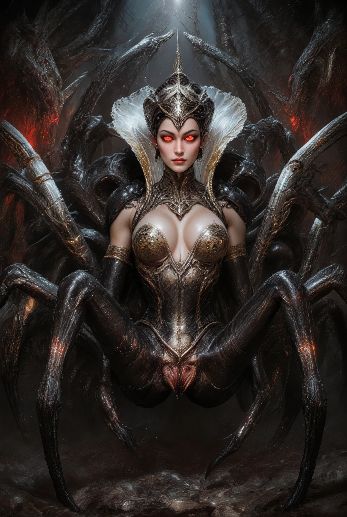 "realistic seductive spider queen, female humanoid upper body fused with monstrous spider legs, dark chitin armor, bioluminescent red eyes, multiple eyes on forehead, pearl white and golden and crimson tones, highly detailed organic textures, seductive expression, erotic fantasy horror setting, dramatic studio lighting, ultra-realistic, 8k, digital art"