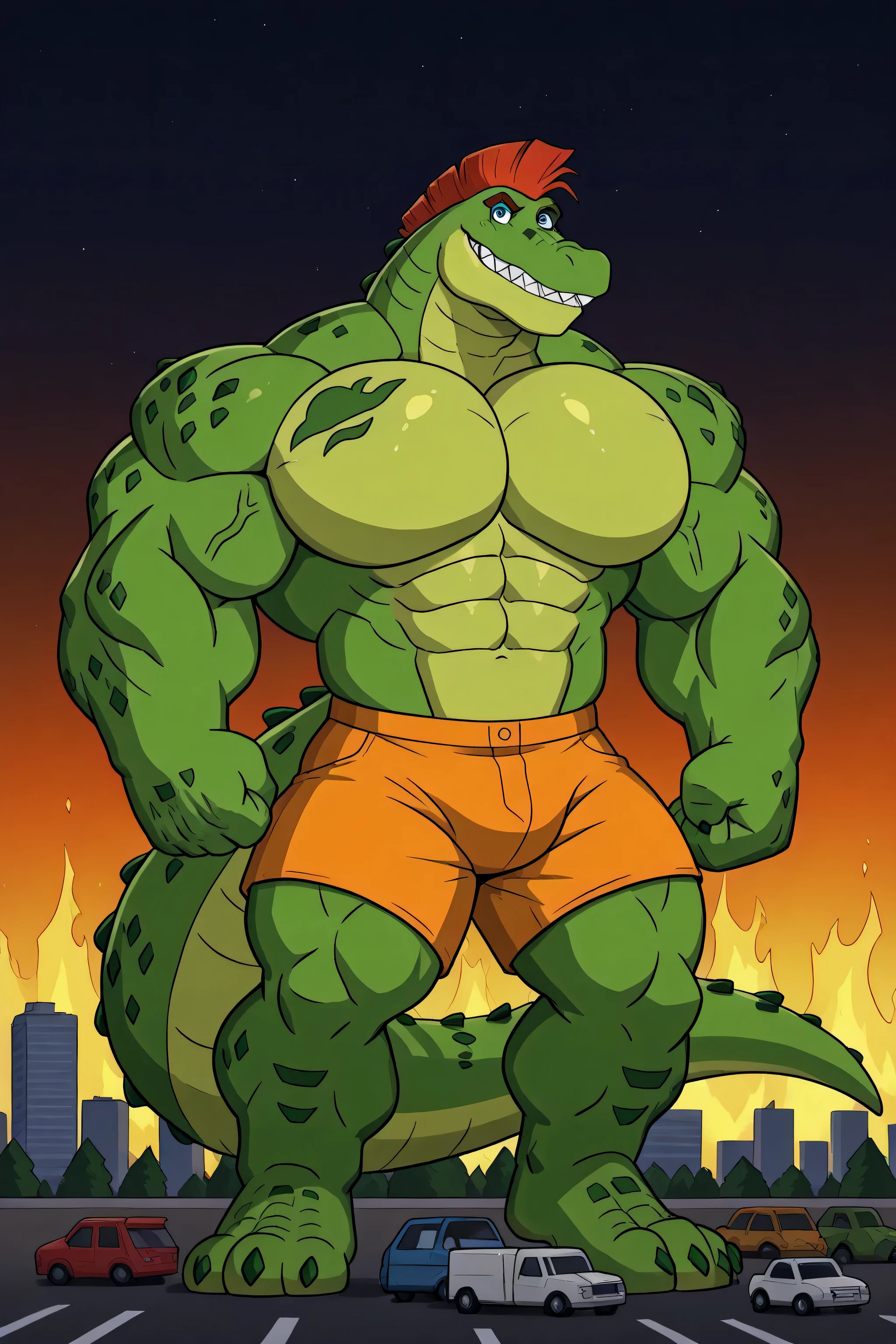 A gigantosaurus rex, g-rex, green giant strong dinosaur, green scales skin, golden chest, ginormous biceps, enormous pectorals, detailed abs, long tail, full body, giant size, macro size, 50-foot size, 100 feets tall, city background, buildings collapsing, buildings on fire, street with cars, trucks, trees, night sky background, wearing ripped orange shorts, big large scars on his pecs, big large scars on his eyes, veins, fire tattoos, happy expression, biggest muscular body, 8k, hyper detailed, photocartoon 2d, ultra cartoon 2d, biggest cartoon 2d eyes, highly detailed cartoon 2d style, cinematic lighting, powerful pose, smile expression, looking at viewer, glistening scales, razor silver sharp teeth, massive golden claws, gigantic chin, saturaded colors, long legs, big feets.