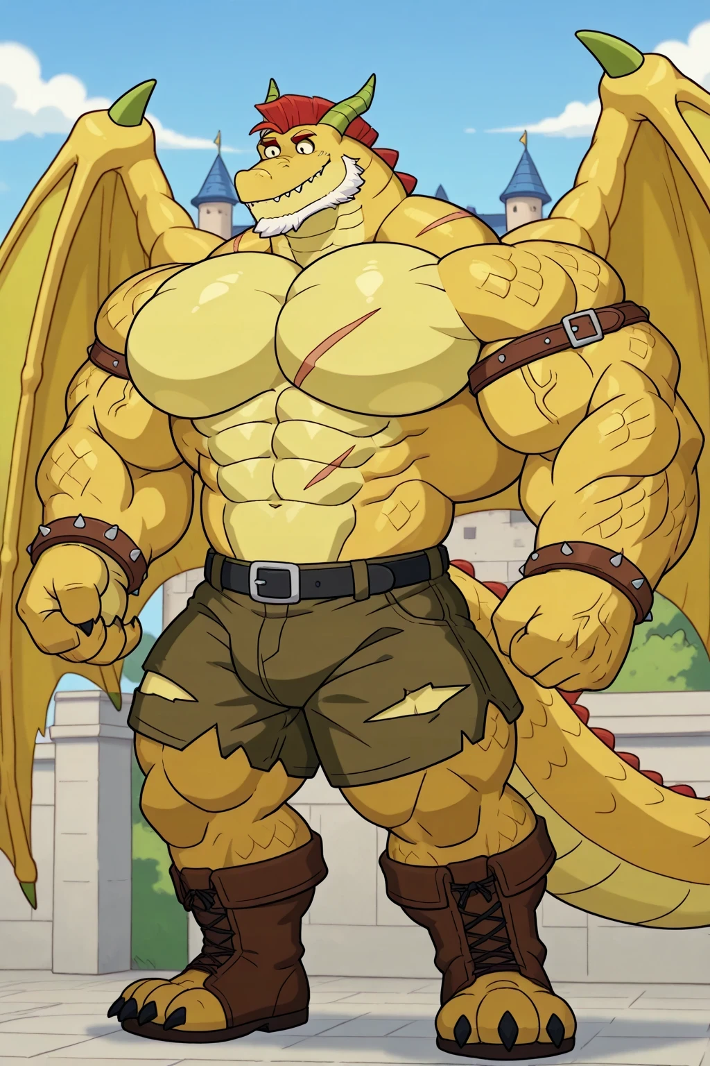 a giant strong muscles golden dragon, golden skin and scales, cartoon 2d style, detailed fantasy dragon, big eyes, muscular dragon body, sharp claws, giant wings, horns, white beard, gigantic chin, ginormous biceps enormous pectorals and powerful abs, scars, veins, wearing a brown sleeveless shirt with bottoms, brown bracelets, black belt, ripped blue shorts, ripped brown boots, castle background, green beanstalk behind.