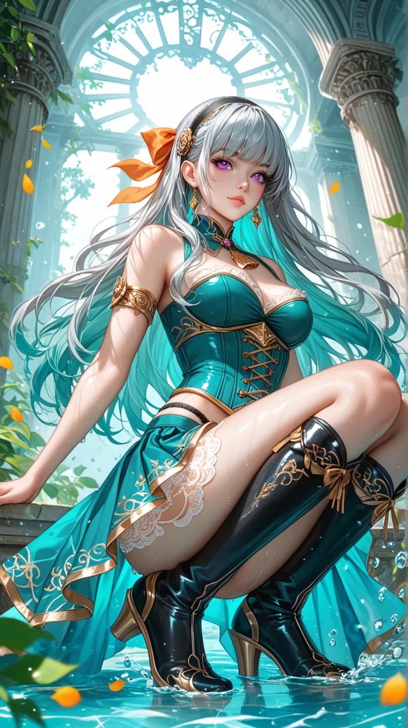 ((full-body photo, feet on the ground, front view)). Princess Zelda, {big breasts, red cheeks, red lipstick on her mouth, looking at the viewer}, ({black outfit with gold trim/maid's outfit with short shorts)}, she's bathing in a waterfall in an open area falling water, clothes and hair soaked. She has {(short green hair, blue eyes)}, anime, anime style, motion blur, 16k, high quality, super detail, textured skin, anatomically correct, masterpiece, masterpiece, masterpiece, UHD, ccurate