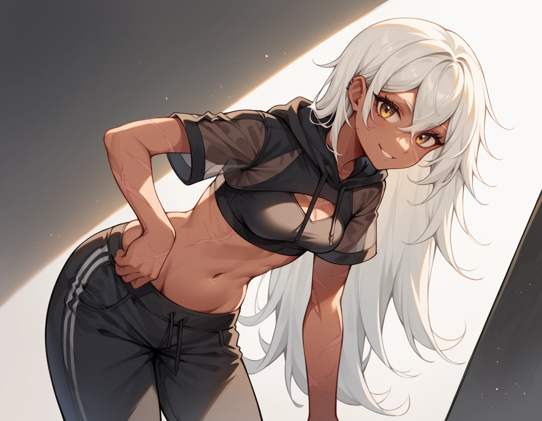a girl, Saiyan, spiky white hair, green eyes, ripped muscles, thin waist, wide , dark skin, , skintight clothes, white t-shirt, black pants