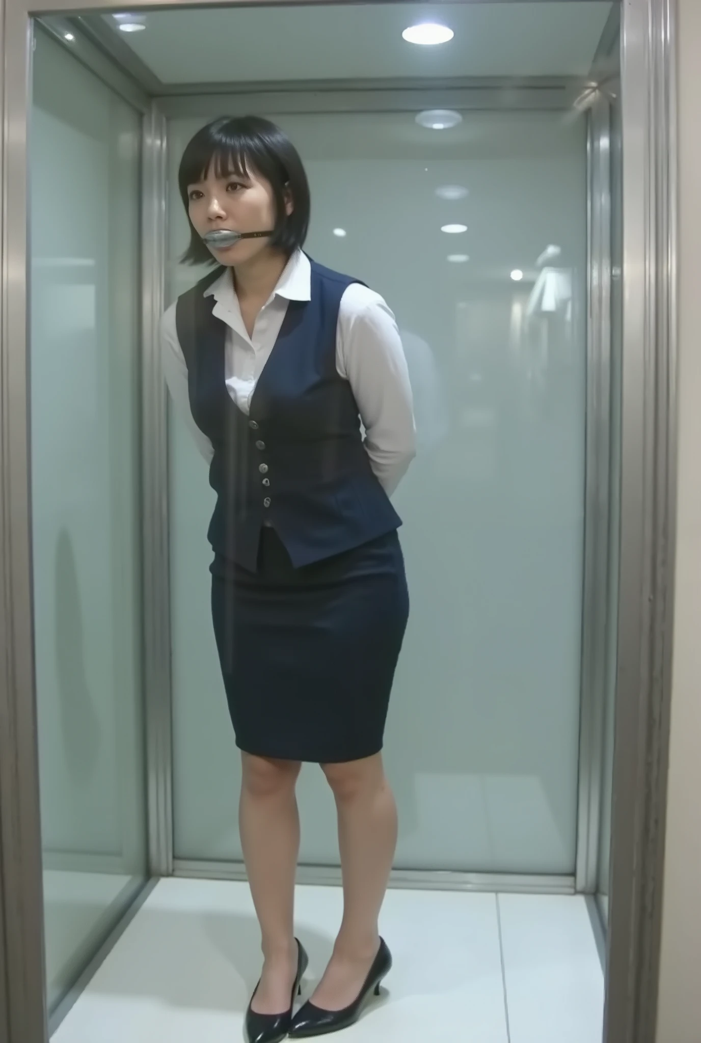 ,(bondage),(tape bound breasts),(tape bound arms),(1girl,japanese,she is kaho,夏帆,bobcut,black hair),(gagged with large b4llg4g in her mouth with rivets and leather strap),(very slender physique),(silver tape gag,covered her mouth),(Trapped inside a glass box),(Being made a spectacle of at the office),(Displayed in a glass box),masterpiece, 8K quality,  Realistic, beautiful Japanese woman,18years old, career woman,((flat breasts:1.5)),(Japanese office lady uniform, white collared shirt, navy vest, navy pencil skirt, beige pantyhose, black pumps), Confinement,((arms behind back:1.2)), With tears in their eyes,(locked inside each glass box at a gallery),kneeing on glass box floor, sunlight, nsfw, Contemporary Art,